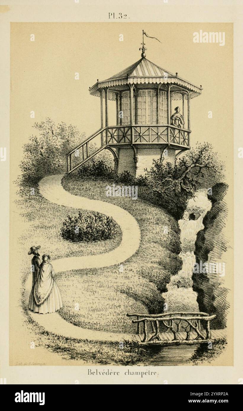 Belgique horticole Liége botanique horticulture périodiques plantes, la scène met en scène un charmant belvédère, une structure de style gazebo perchée sur un chemin sinueux qui mène à travers un paysage luxuriant. Le belvédère, doté d'un toit conique et de garde-corps décoratifs, sert de point d'observation, mettant en valeur la beauté naturelle environnante. A proximité, un ruisseau doux coule, ajoutant une ambiance sereine au décor. Un couple peut être vu se promener le long du chemin, avec une personne s'arrêtant pour admirer la vue depuis le belvédère. Le paysage détaillé comprend des arbres verdoyants et un pont pittoresque enjambant le ruisseau, enh Banque D'Images