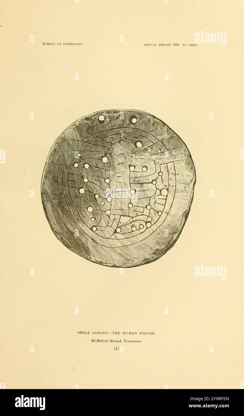 Art en coquille des anciens Américains 1883 antiquités art indien coquilles en art Many Hats of Holmes Busycon perversum Sinistrofulgur perversum coquille gorget Kate Clifton Osgood Kate Clifton Osgood Holmes Kate Clifton Holmes Kate Osgood Holmes Kate Clifton Osgood 4 4 femmes en science, l'image présente un objet circulaire ressemblant à un bouclier orné d'un arrangement complexe de motifs géométriques et de symboles. Chaque section de la surface est élaborée de manière complexe, créant un jeu fascinant de formes qui suggèrent un système de cartographie ou de navigation céleste. L'artisanat reflète un caref Banque D'Images