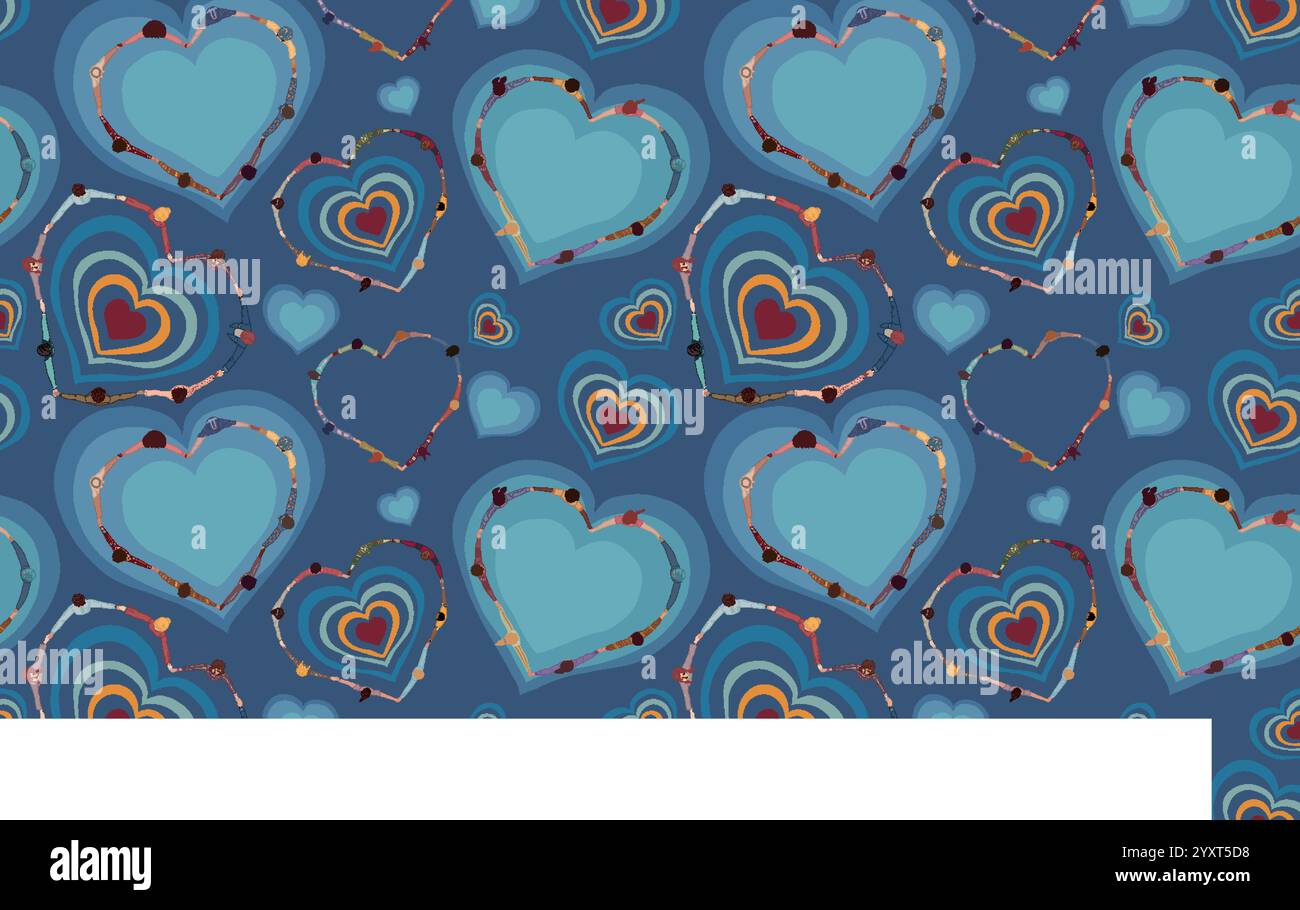 Toile de fond modèle sans couture chaîne d'un groupe de personnes multiculturelles vues d'en haut tenant la main et formant une forme de coeur. Communauté de bénévoles Illustration de Vecteur