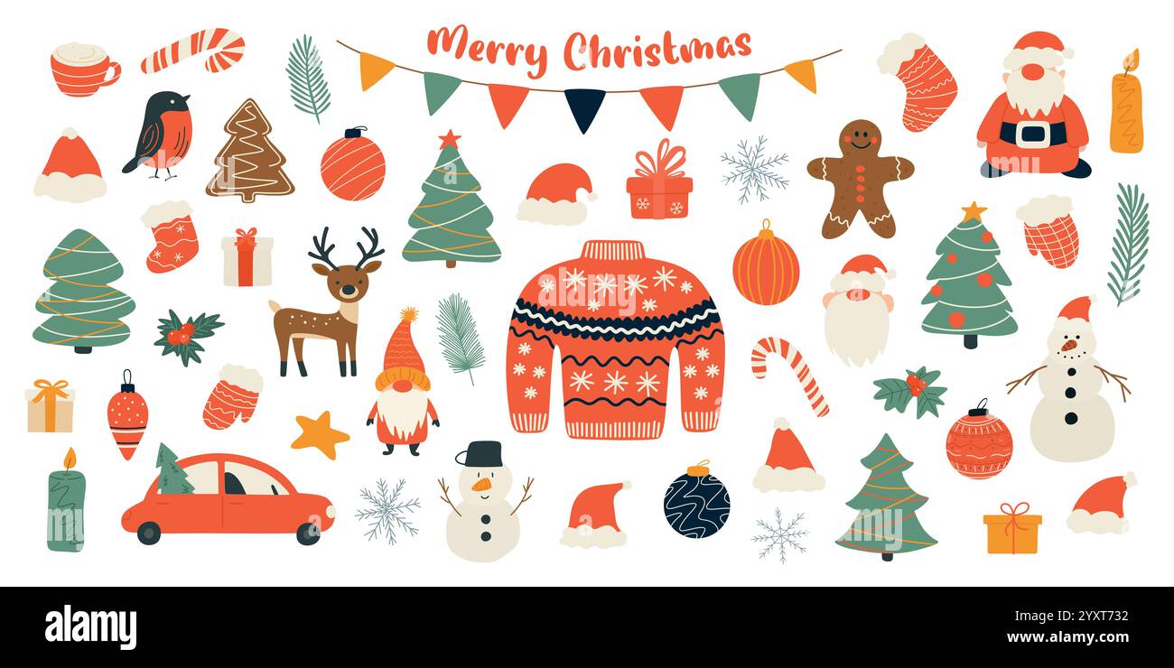 Flat Color dessin à la main vecteur Noël, nouvel an ensemble. Collection de Noël, illustrations du nouvel an. Arbre de Noël, nain, canne à sucre, Père Noël, renne Illustration de Vecteur