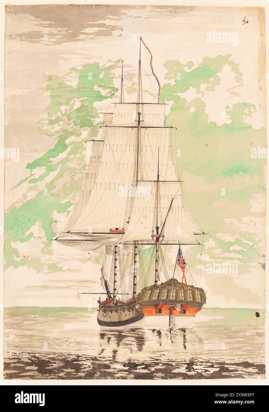 HMS Resolution, le navire du capitaine Cook pour son deuxième et troisième voyage. Illustration d'aquarelle vintage par Henry Roberts, 18ème siècle Banque D'Images