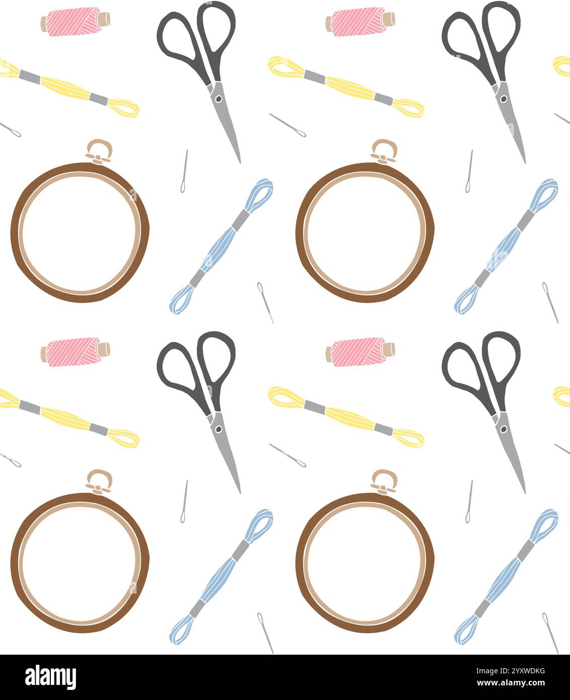 Modèle sans couture vectoriel de l'équipement d'accessoires de broderie d'esquisse de doodle dessiné à la main coloré isolé sur fond blanc Illustration de Vecteur
