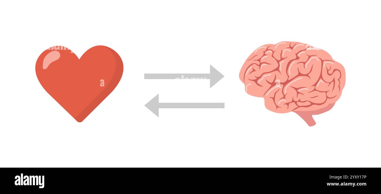 Équilibre entre cœur et cerveau. Concept d'intelligence émotionnelle. Choisir entre sentiments et esprit. Illustration vectorielle dans le style de dessin animé plat Illustration de Vecteur