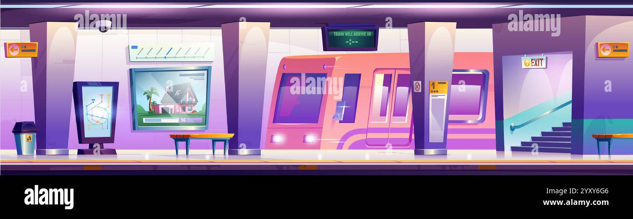 Station de métro avec quai et train. Illustration vectorielle de dessin animé des transports publics urbains pour les navetteurs, carte des itinéraires de métro, affichage des arrivées au plafond, poubelles et bancs, service passagers Illustration de Vecteur