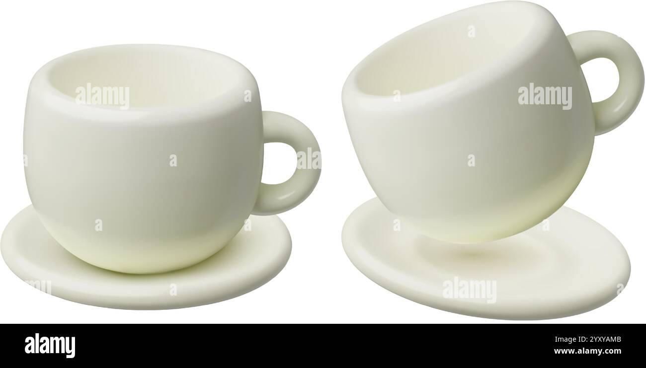 Tasse blanche et soucoupe 3d illustration vectorielle réaliste. Porcelaine en céramique vide, tasse avec plaque isolée sur fond blanc. Illustration de Vecteur