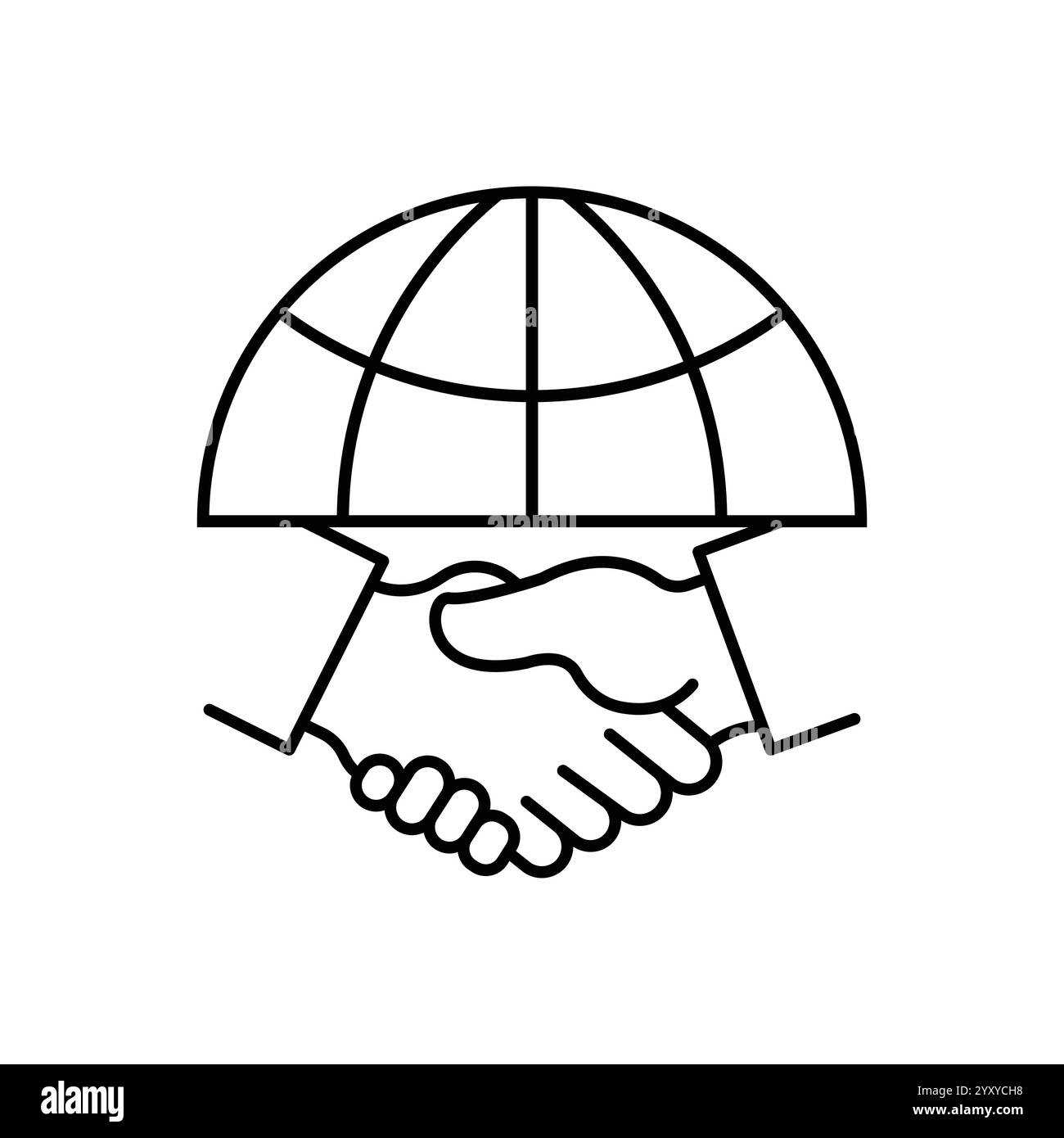 Poignée de main et icône de ligne de globe. Concept d'accord international. Symbole linéaire du partenariat mondial. Vecteur isolé sur blanc Illustration de Vecteur