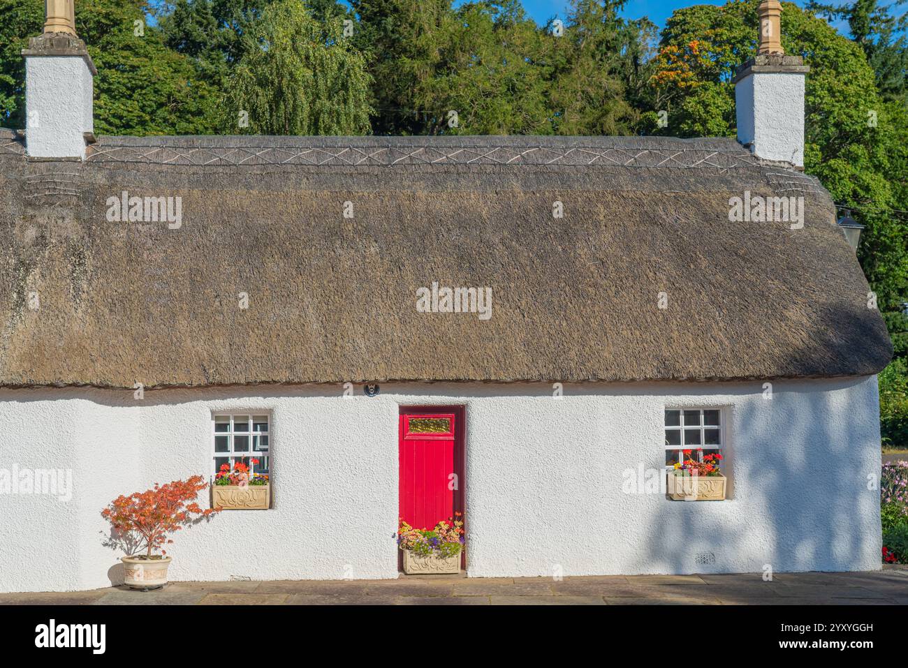 Glamis, Écosse - septembre 2024 : une vieille maison blanche avec un toit de chaume et des portes rouges Banque D'Images