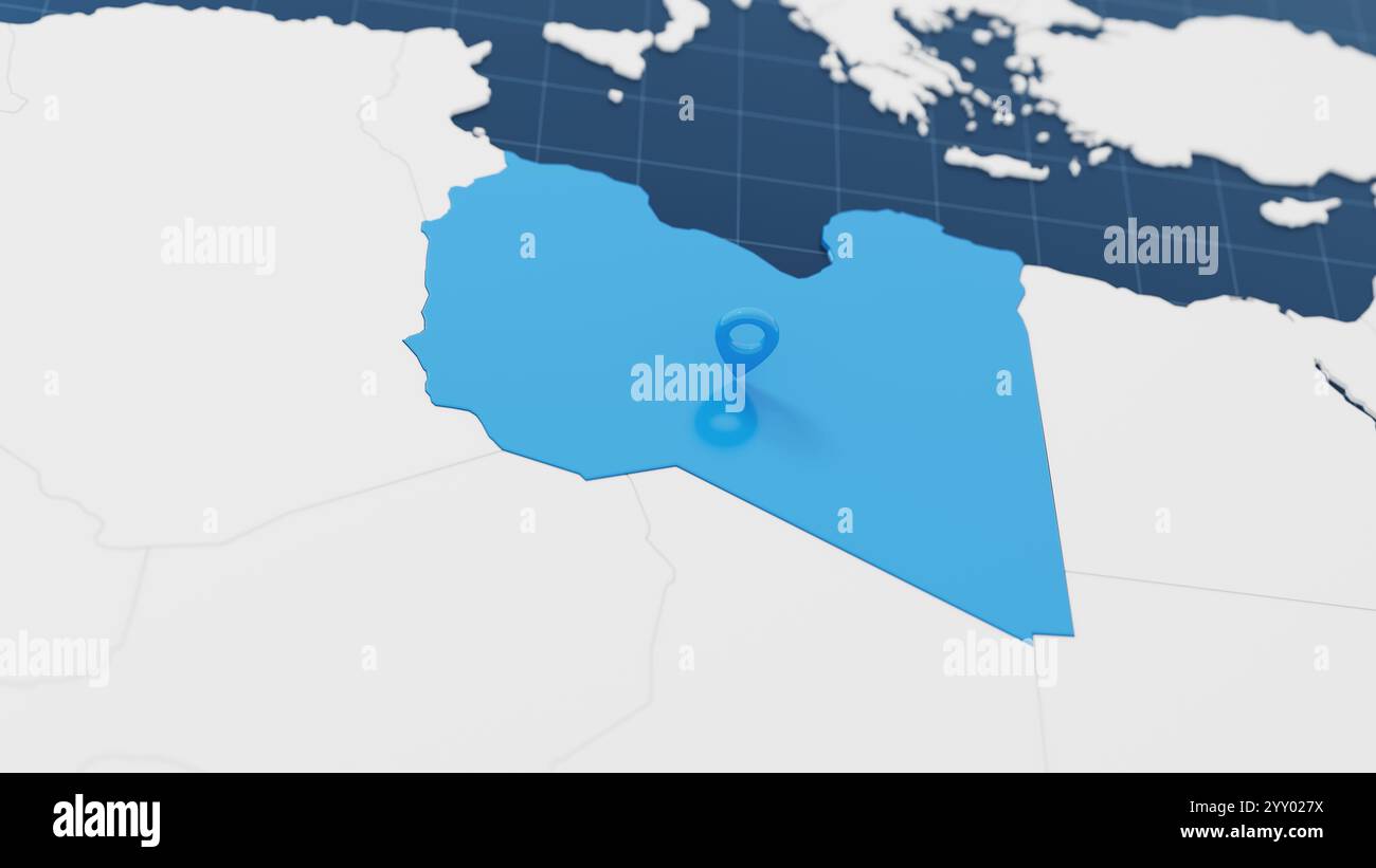Blue Libya carte 3d avec aiguille de pointeur entourée d'autres pays en blanc. Carte politique de l'Europe avec des frontières. illustration de rendu 3d. Banque D'Images