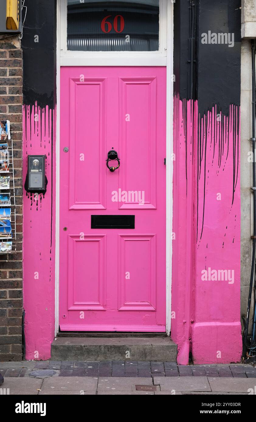 porte peinte en rose sur fond sombre, norwich, norfolk, angleterre Banque D'Images