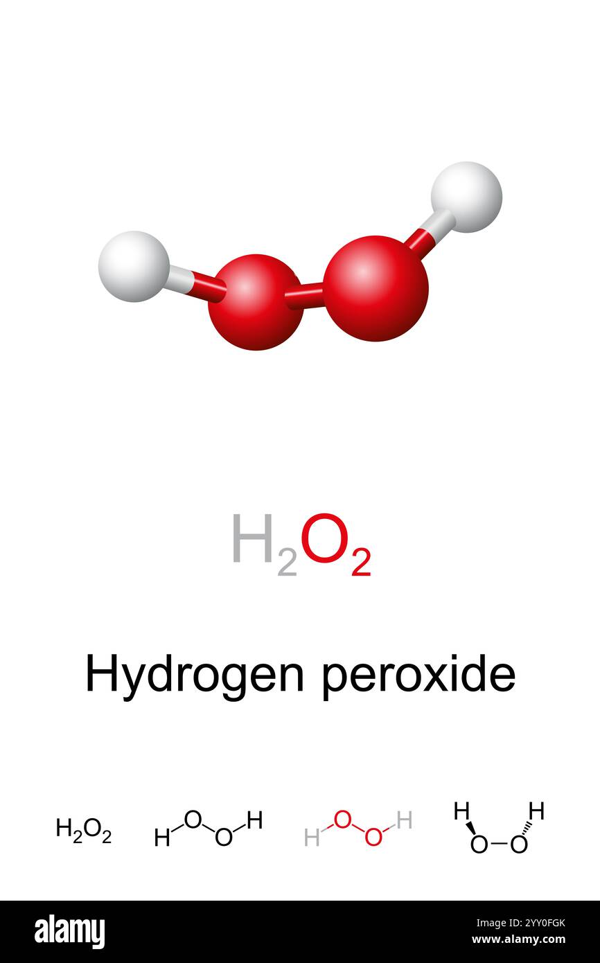 Peroxyde d'hydrogène, H2O2, modèle moléculaire et formule chimique. Modèle ballon-bâton et structure géométrique du peroxol. Banque D'Images