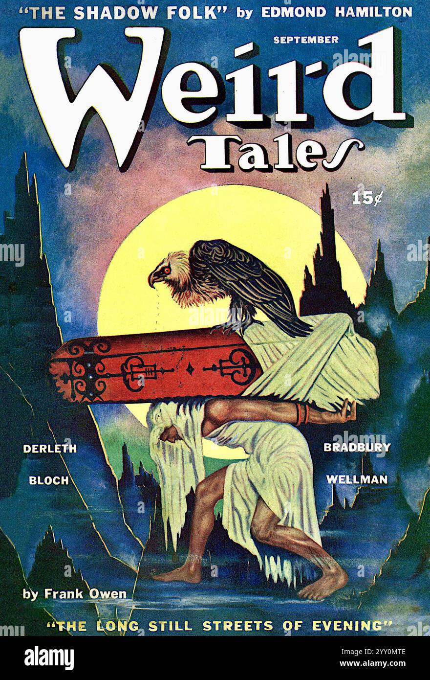 Couverture du magazine Pulp Weird Tales (septembre 1944, vol.38, no.1) - The long Still Streets of Evening de Frank Owen. Pochette par A. R. Tilburne Banque D'Images