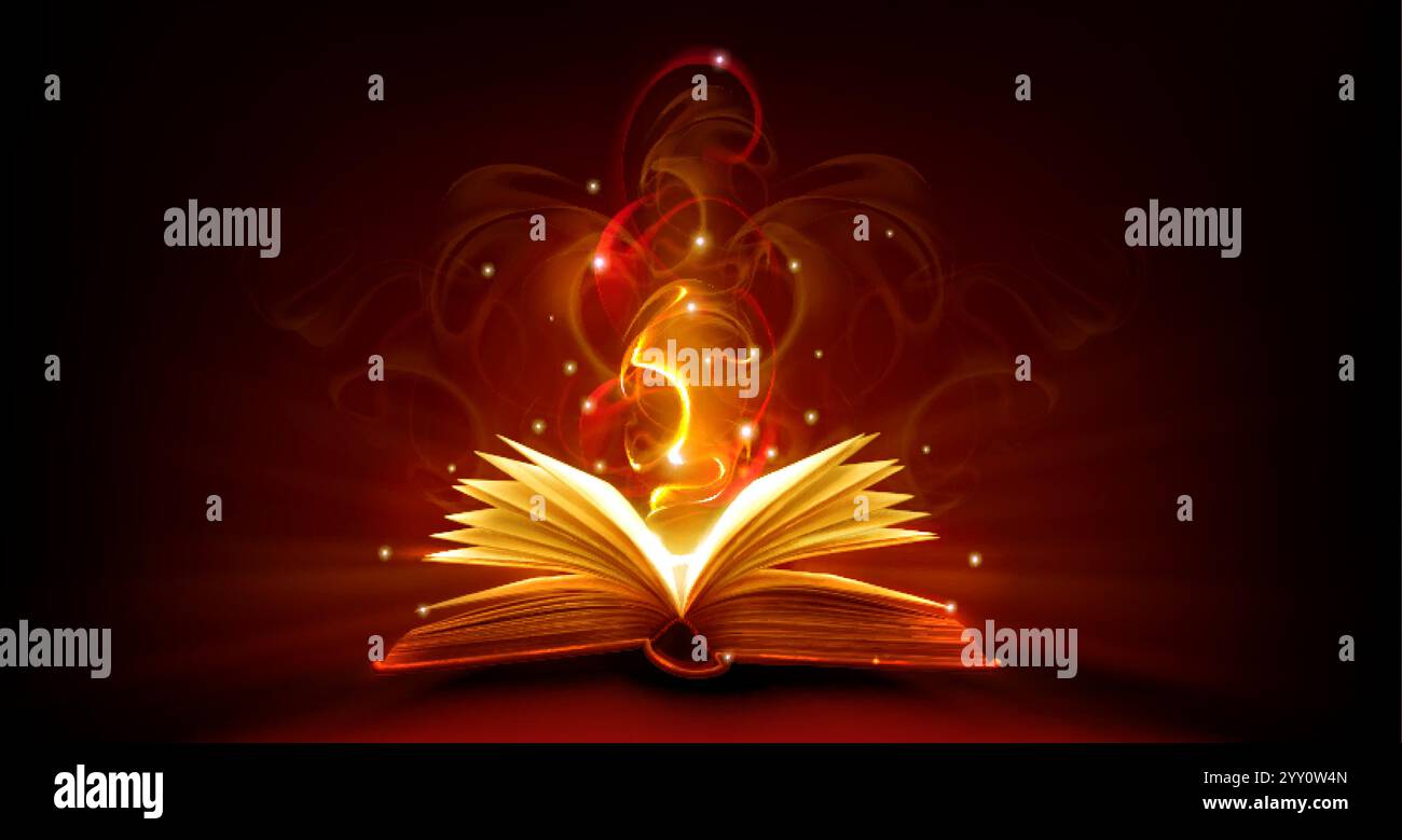 Ouvrez le livre magique avec la lumière du feu. Bible Fantasy Flame. Brûler la littérature de conte de fées ou de sort pour l'éducation. conception de lueur mystique 3d avec de la poussière et des paillettes Illustration de Vecteur