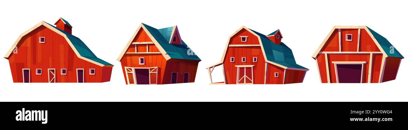 Granges agricoles rouges avec toits et fenêtres, portes fermées et ouvertes. Maisons rustiques en bois pour l'étable du bétail et le stockage des récoltes. Ferme en bois pour ranch lan Illustration de Vecteur