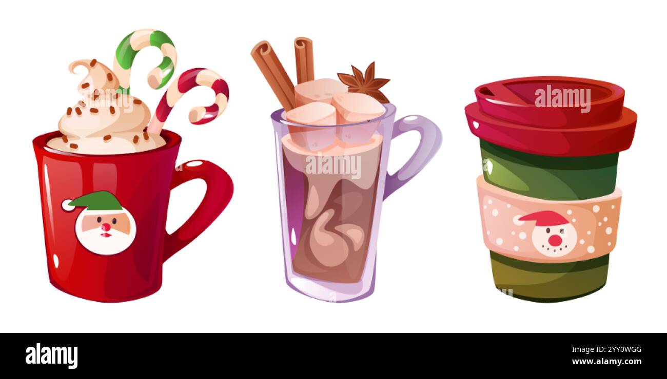Collection de boissons festives d'hiver - tasse de chocolat chaud avec de la crème fouettée et des cannes de bonbon, verre de cacao chaud garni de bâtonnets de cannelle et de marshm Illustration de Vecteur