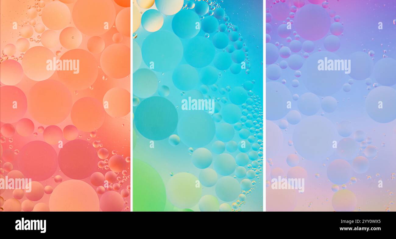 ensemble vibrant de bulles d'huile abstraites dans des dégradés d'orange chaud, de bleu et de violet doux. Parfait pour les conceptions créatives, les visuels modernes, le fond artistique Banque D'Images