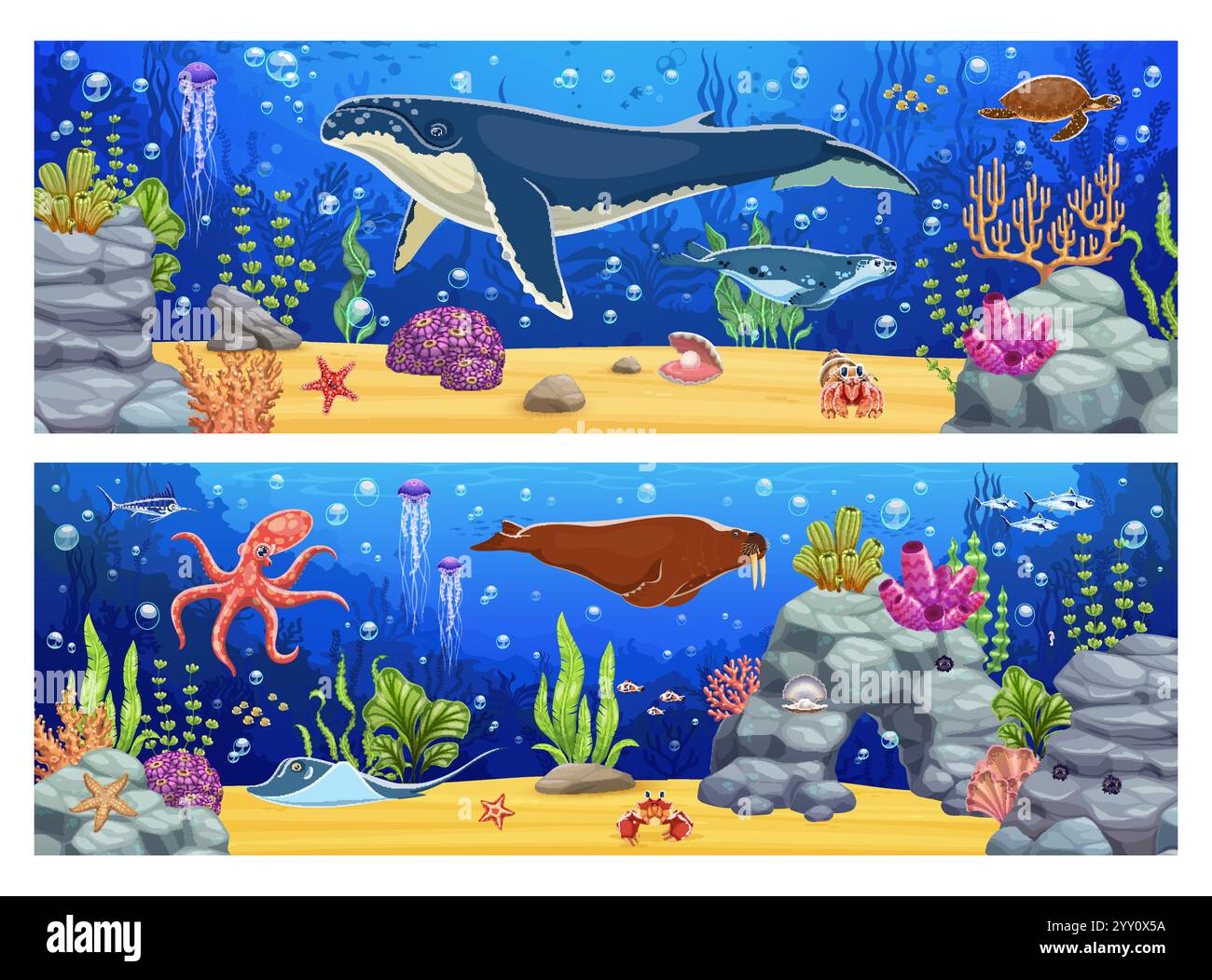 Fond de jeu de paysage sous-marin avec des personnages d'animaux marins sur le fond de récif corallien, jeu vectoriel UI. Baleine de dessin animé, poulpe, morse, méduses et crabe, bancs de poissons et étoiles de mer paysage sous-marin Illustration de Vecteur