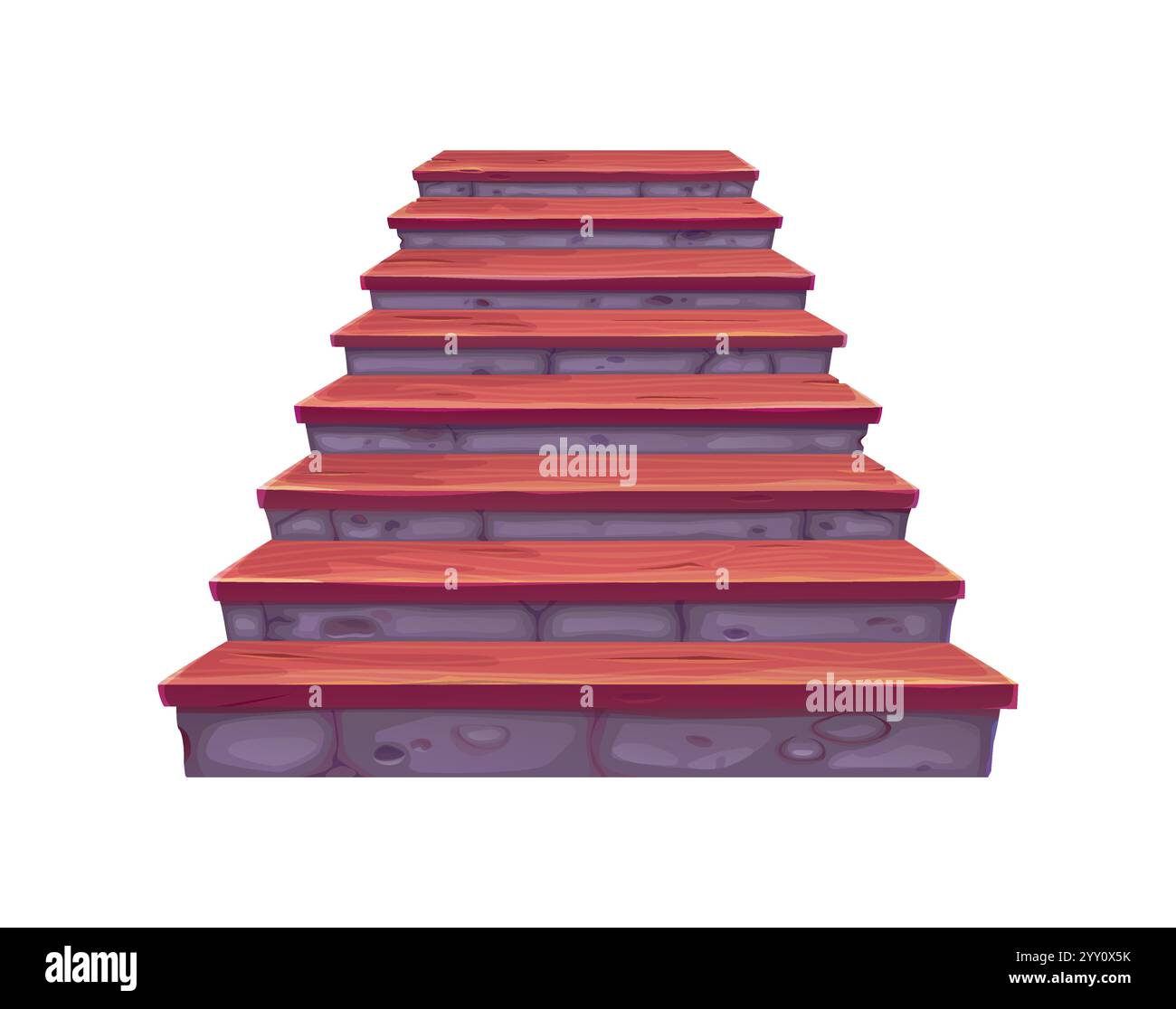 Château en bois et escaliers en pierre. Escalier de dessin animé ou escalier dans la maison de chalet, échelle d'ascension avec des détails de bois et de roche. Vecteur isolé ancien élément de construction intérieur médiéval ou de conte de fées Illustration de Vecteur