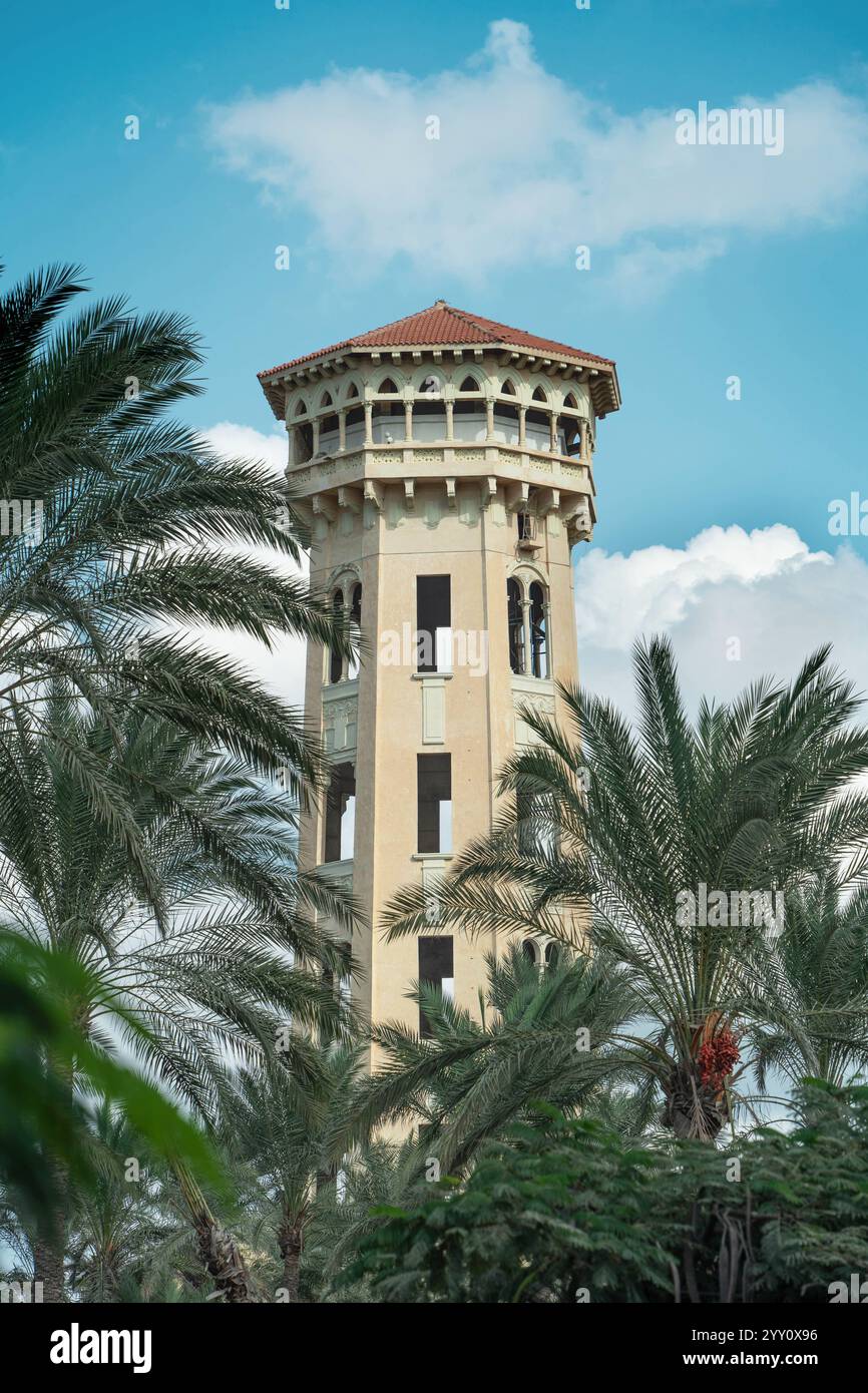 L'élégante tour du Palais Montaza à Alexandrie, Egypte, entourée de palmiers verdoyants sous un ciel bleu clair, beauté architecturale historique. Banque D'Images L'élégante tour du Palais Montaza à Alexandrie, Egypte, entourée de palmiers verdoyants sous un ciel bleu clair, beauté architecturale historique. Banque D'Images