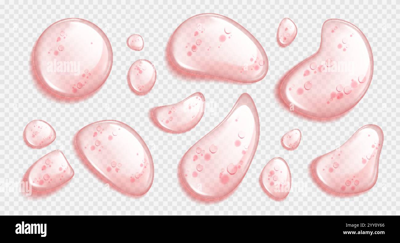 Gouttelettes d'huile transparentes roses de différentes formes avec une surface chatoyante et de minuscules bulles. Formations liquides délicates de sérum hydratant. Beauté p Illustration de Vecteur