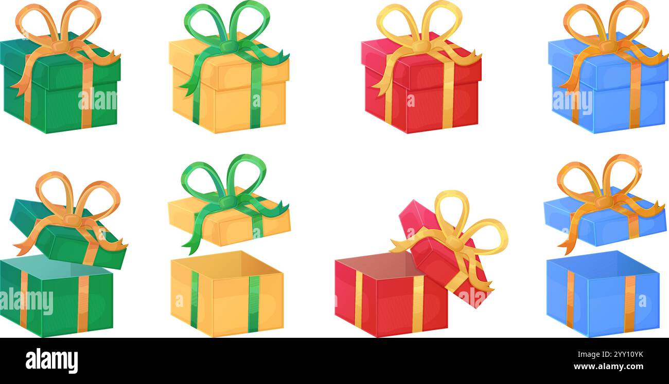 Ensemble de boîtes-cadeaux colorées de Noël en vert, jaune, rouge et bleu avec des rubans et des noeuds. Coffrets cadeaux ouverts et fermés Illustration de Vecteur