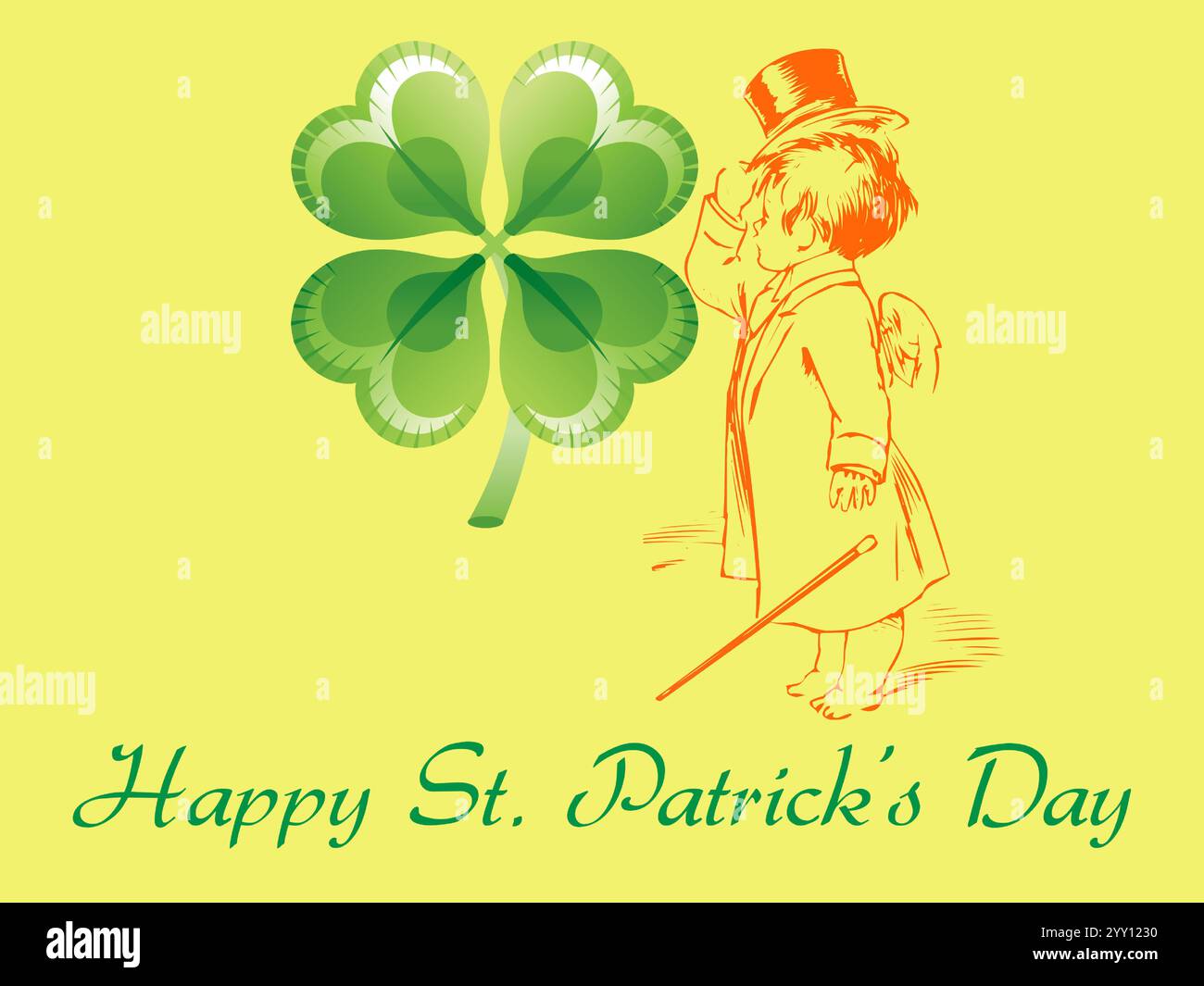 Le garçon est debout devant une feuille verte avec un chapeau sur la tête. La feuille est un symbole de chance et le garçon porte un chapeau. Shamrock Saint Patrick Day Illustration de Vecteur