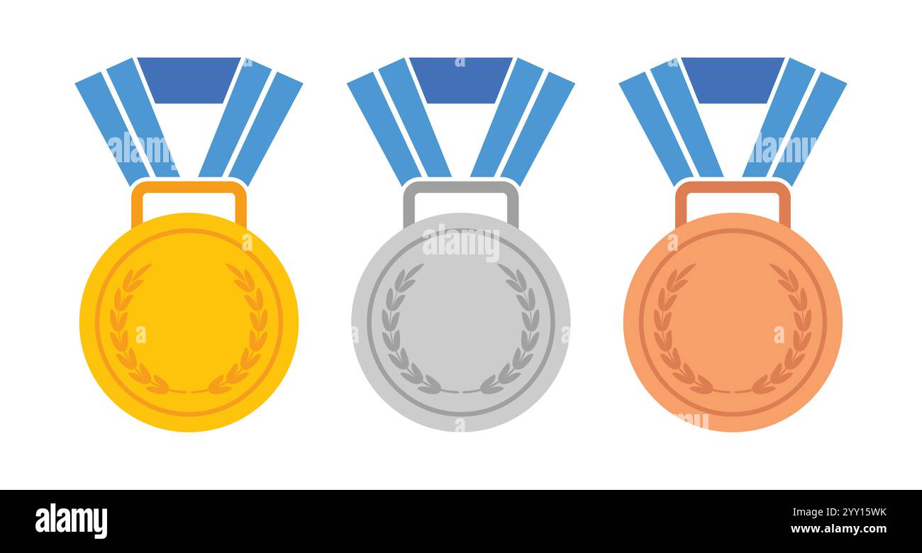 Médailles d'or, d'argent et de bronze avec des icônes vectorielles plates de ruban bleu pour les applications de sport et les sites Web Illustration de Vecteur