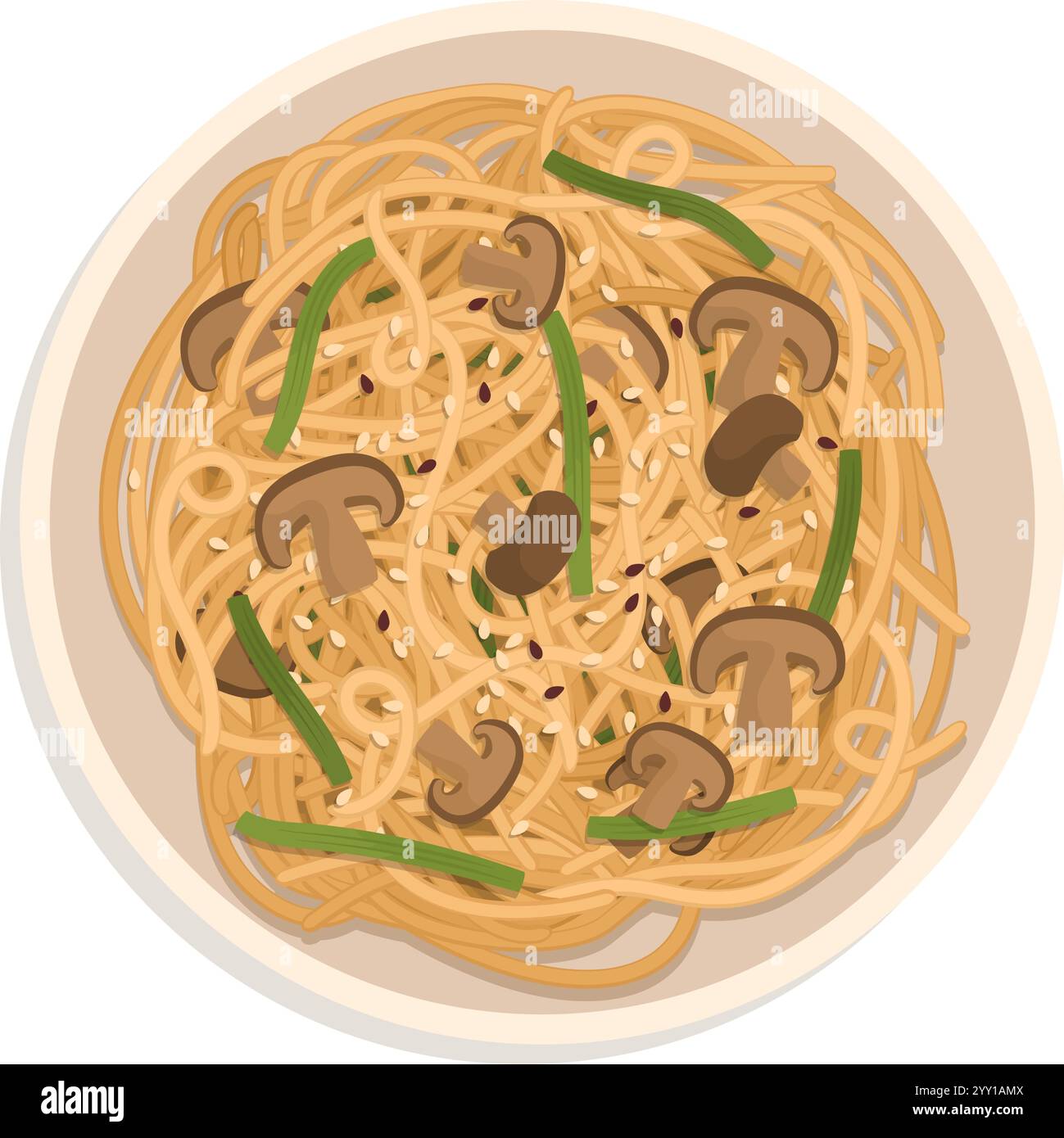 Délicieuses nouilles de longévité dans un plat, cuisine traditionnelle chinoise, vue de dessus, isolé sur fond blanc Illustration de Vecteur