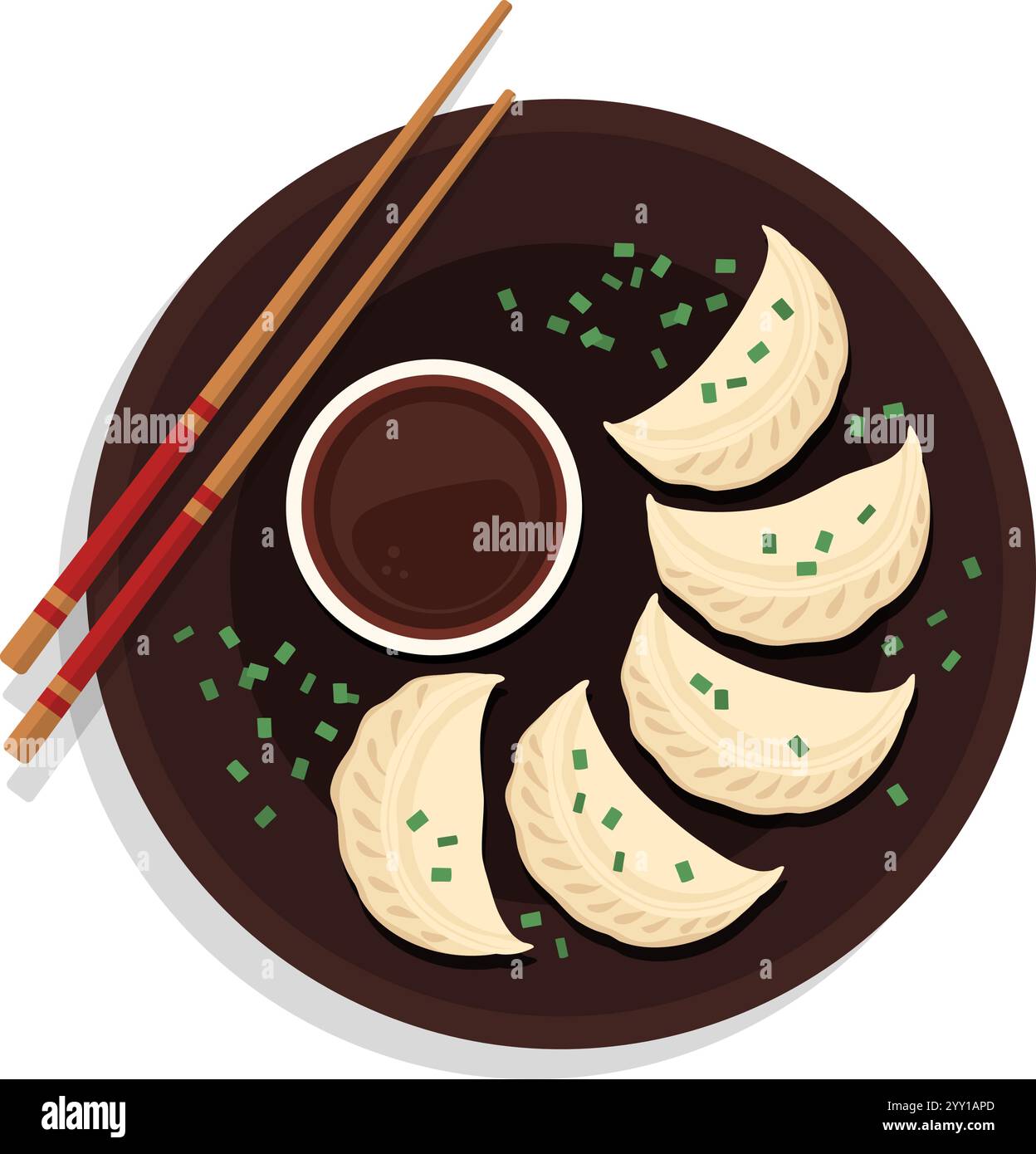 Boulettes chinoises et sauce soja sur une assiette avec baguettes, cuisine asiatique traditionnelle, isolée Illustration de Vecteur