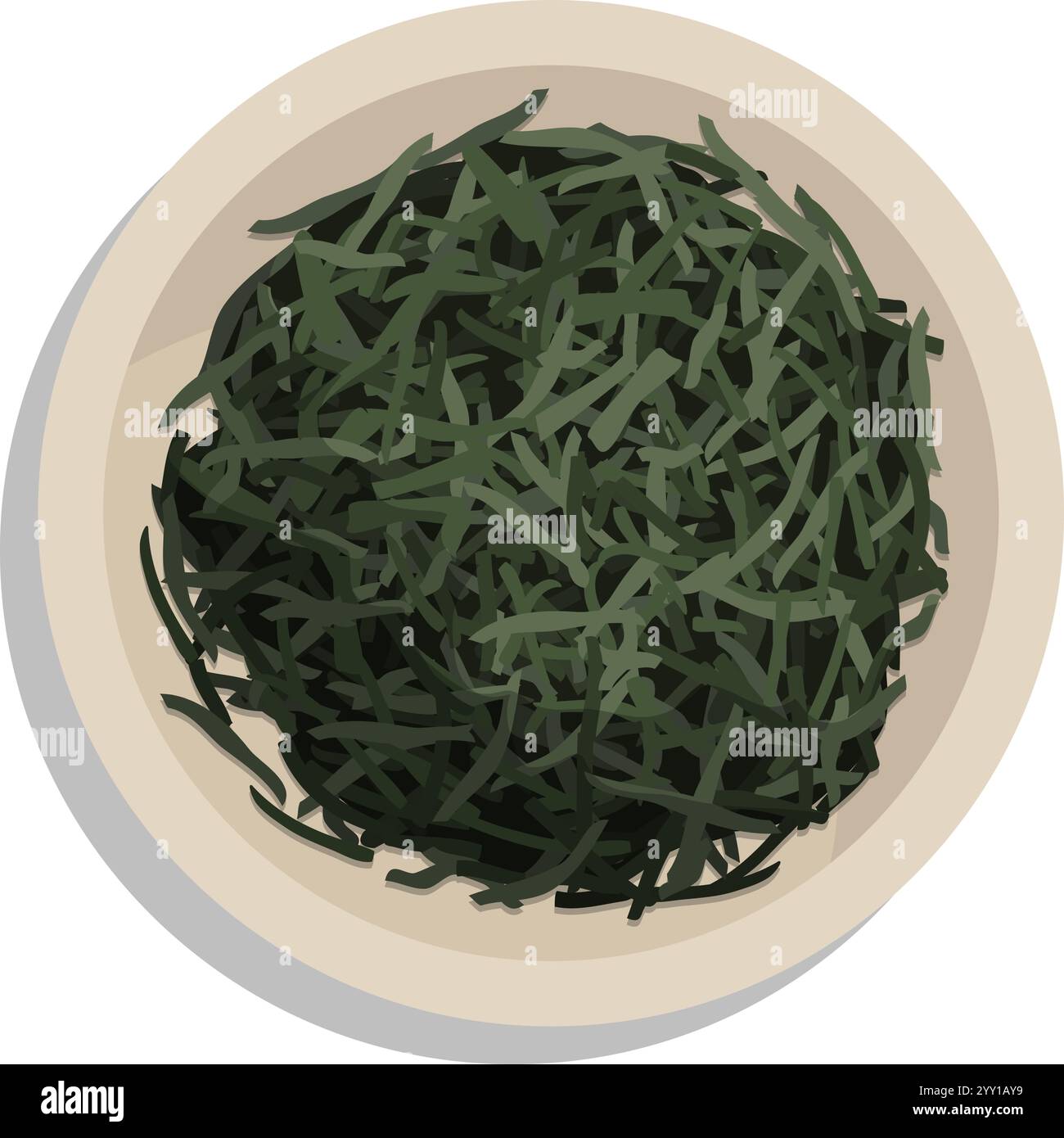 Feuilles de thé vert séchées dans un bol, concept de boisson saine, vue de dessus, isolé Illustration de Vecteur