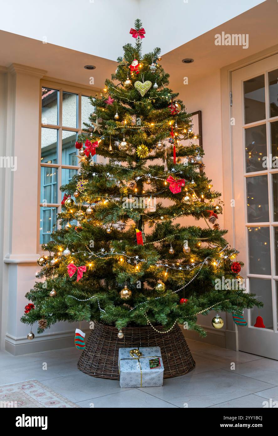 Intérieur de la maison avec arbre de Noël décoré et présent sous l'arbre dans le conservatoire du salon, Royaume-Uni Banque D'Images