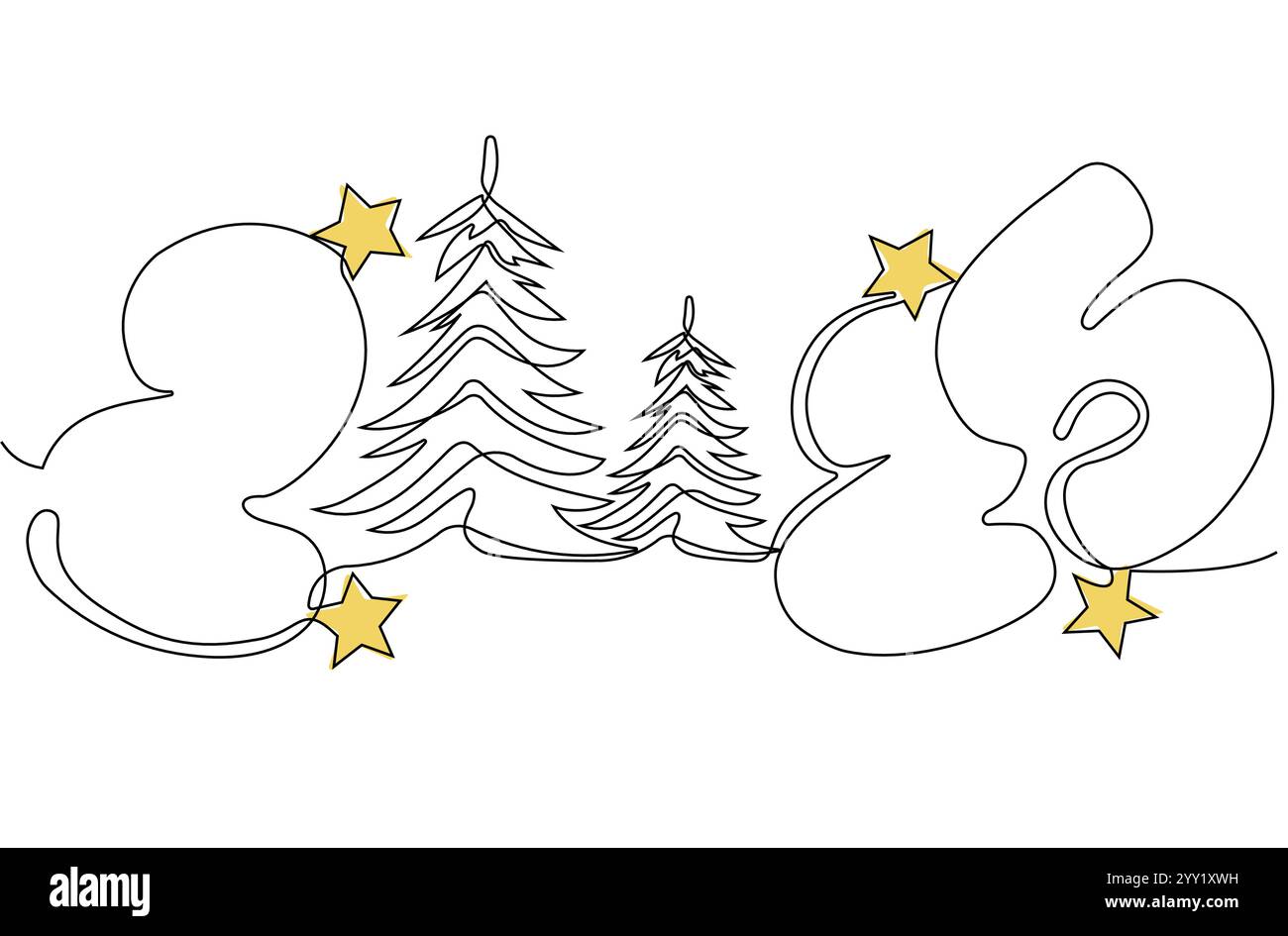Dessin de doodle continu d'une ligne de la nouvelle année 2025. Concept de vacances, texte d'écriture manuscrite festif du nouvel an, design minimaliste. Illustration vectorielle Illustration de Vecteur