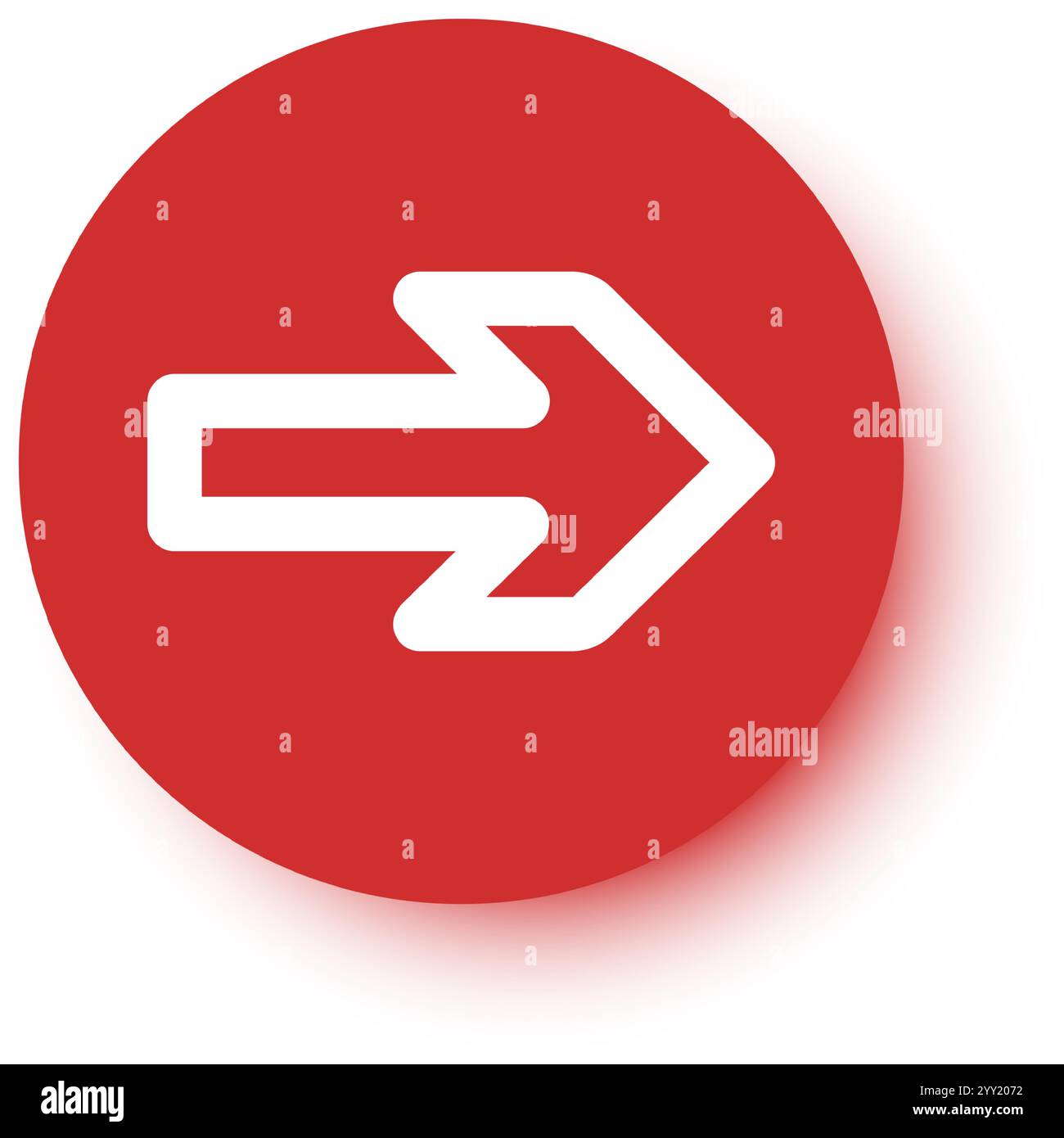 Flèche blanche pointant vers la droite indiquant la direction suivante ou vers l'avant, placée sur un bouton de cercle rouge avec effet d'ombre portée, représentant un and moderne Illustration de Vecteur
