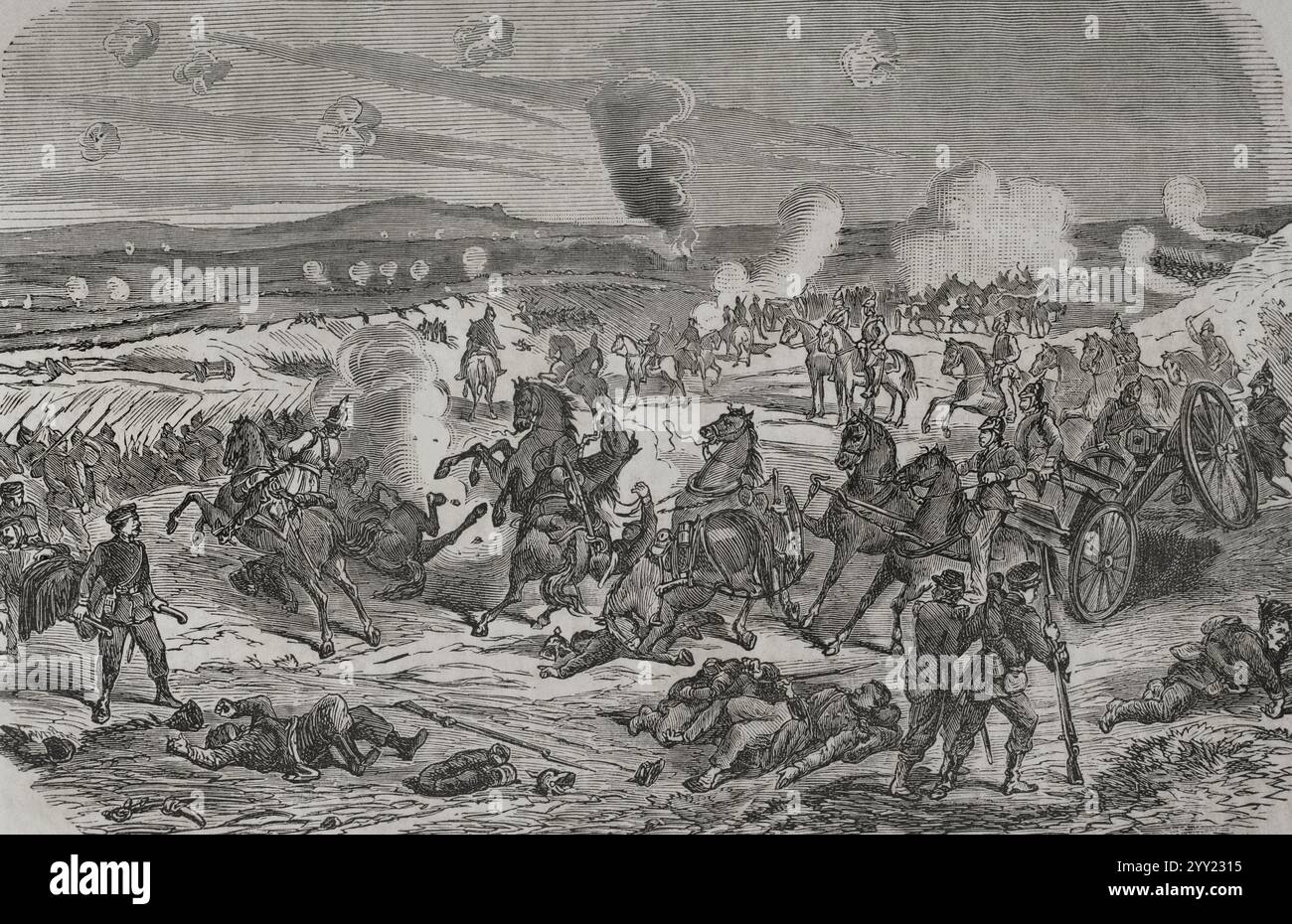 Guerre franco-prussienne (1870-1871). Bataille de Sedan (1-2 septembre 1870). L'armée prussienne a vaincu et capturé toute l'armée française, y compris l'empereur Napoléon III qui a pris part à la bataille et a rendu son armée. Position de la garde prussienne près de Givonne, d'après un dessin de A. Beck. Illustration par T. Padró. Gravure de Sadurní. Historia de la Guerra de Francia y Prusia (histoire de la guerre entre la France et la Prusse). Volume I. publié à Barcelone, 1870. Banque D'Images