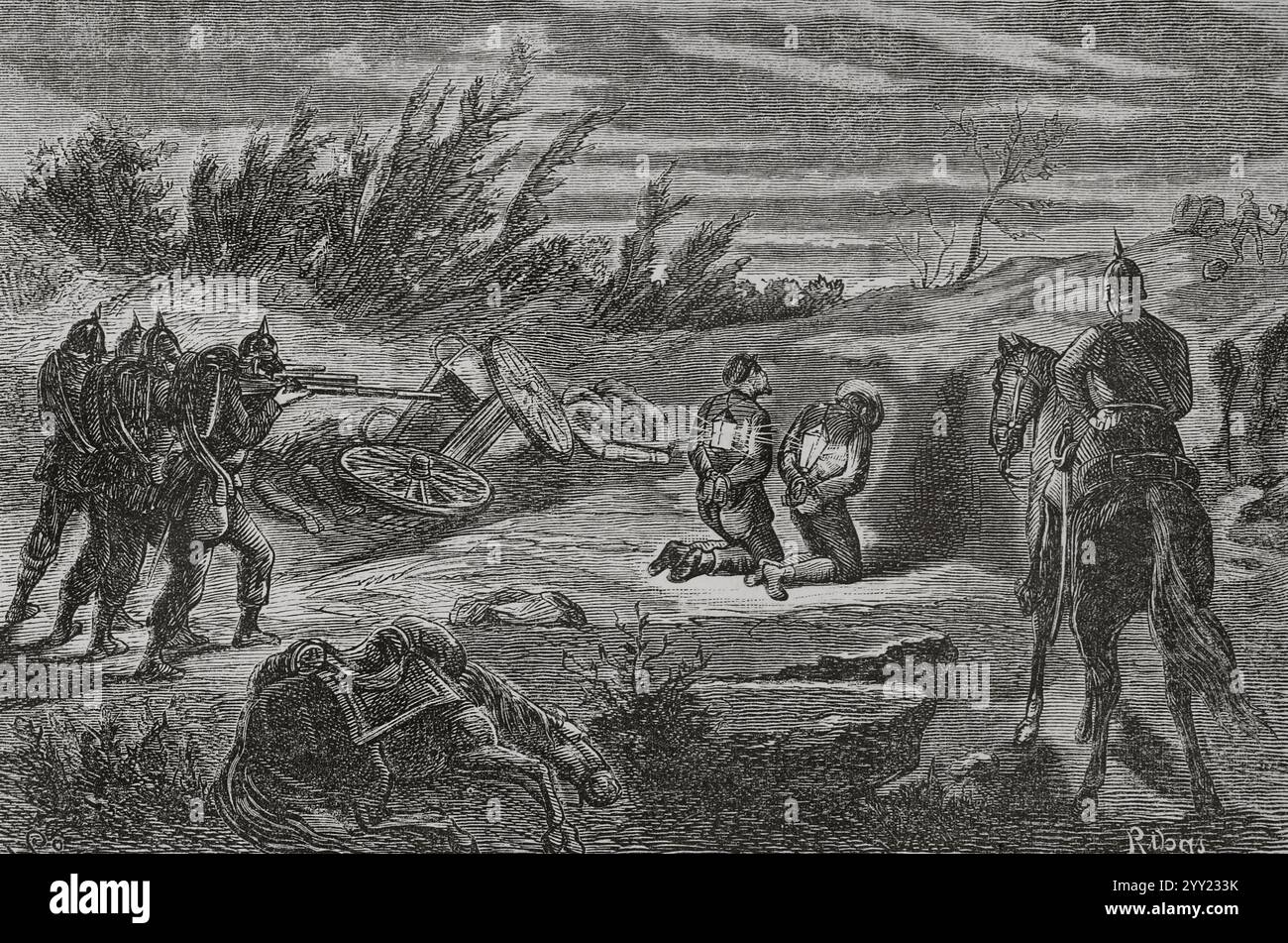 Guerre franco-prussienne (1870-1871). Exécution nocturne de deux hommes, pris la main dans le sac, maraudant un camp prussien. Gravure de Ribas. Historia de la Guerra de Francia y Prusia (histoire de la guerre entre la France et la Prusse). Volume I. publié à Barcelone, 1870. Banque D'Images