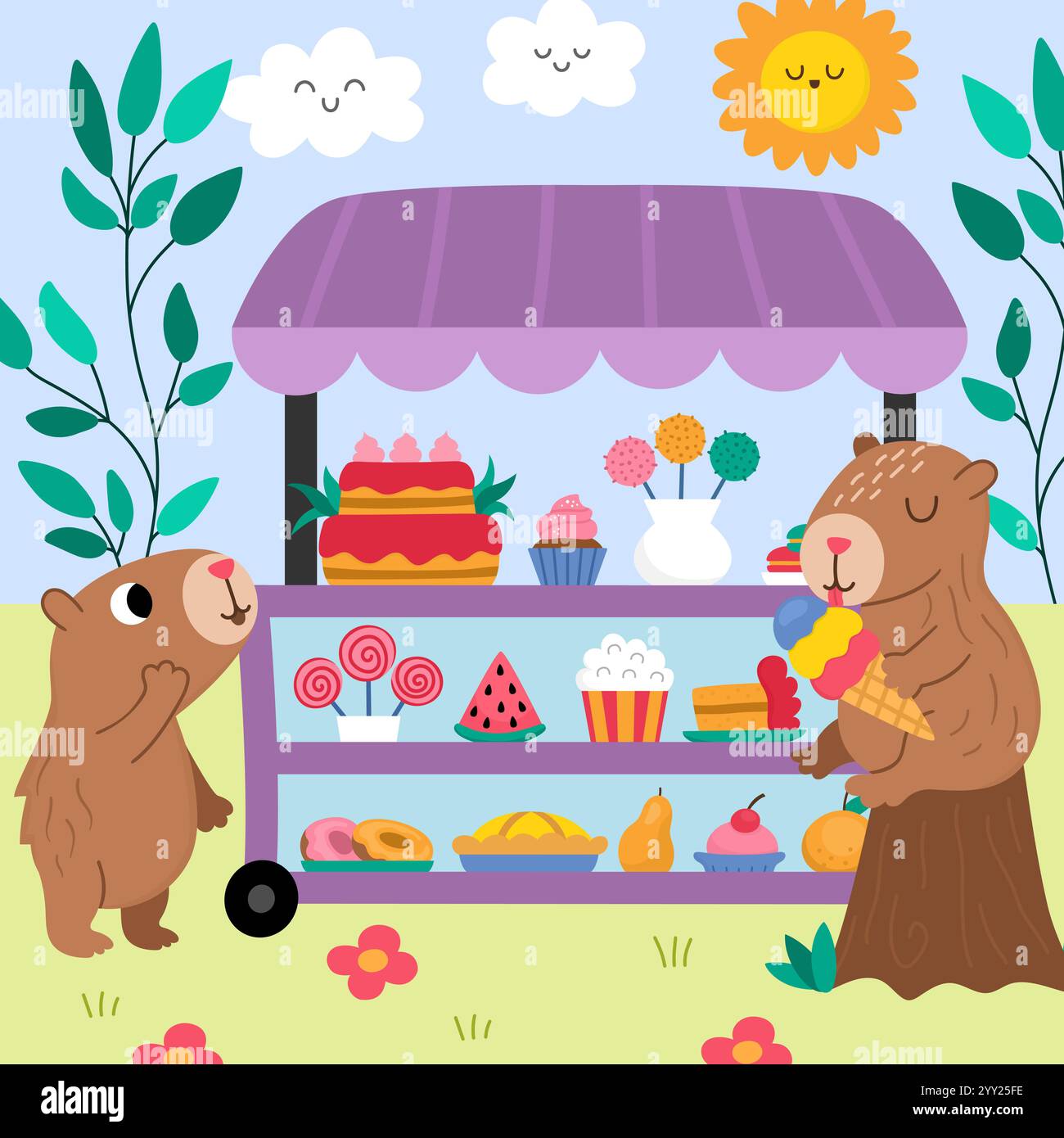 Illustration de paysage capybara vectoriel. Joli paysage carré avec des capibaras assis dans un chariot de snack roulant avec des roues. Scène drôle avec animal adorable Illustration de Vecteur