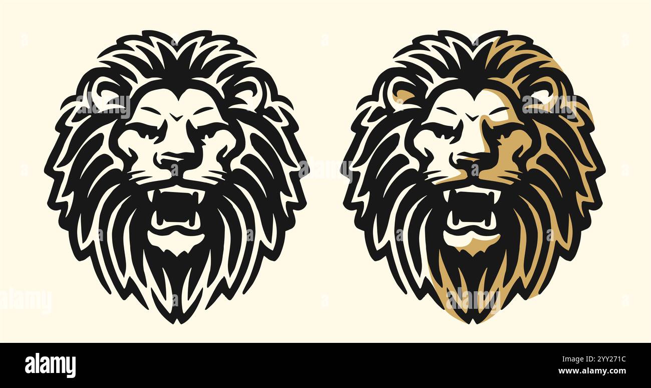 Emblème rugissant en colère de tête de lion. Symbole du logo de puissance et de force. Illustration vectorielle d'animal prédateur sauvage Illustration de Vecteur