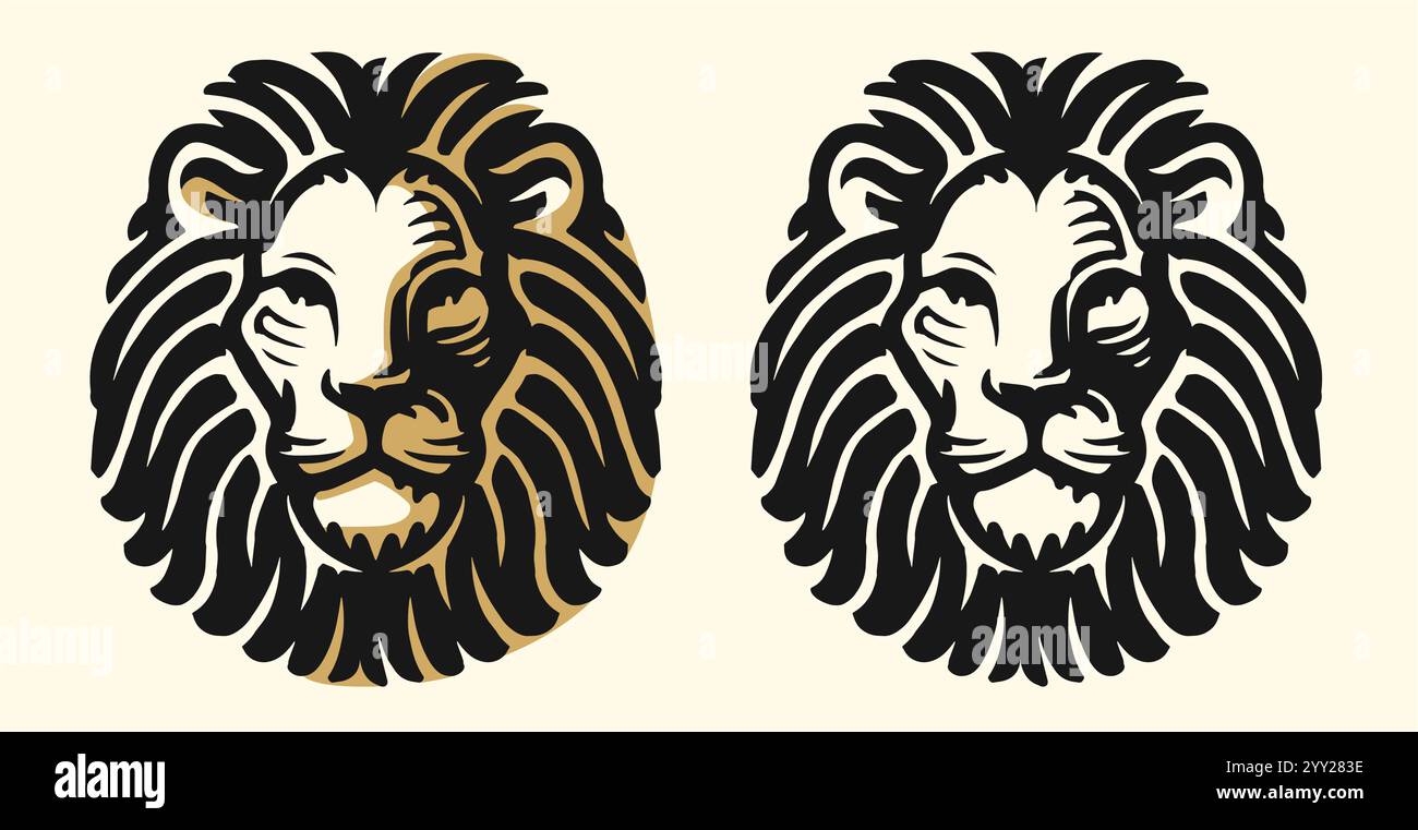 Portrait de tête de lion fort avec crinière, emblème. Symbole de puissance et de confiance. Illustration vectorielle d'animal sauvage Illustration de Vecteur