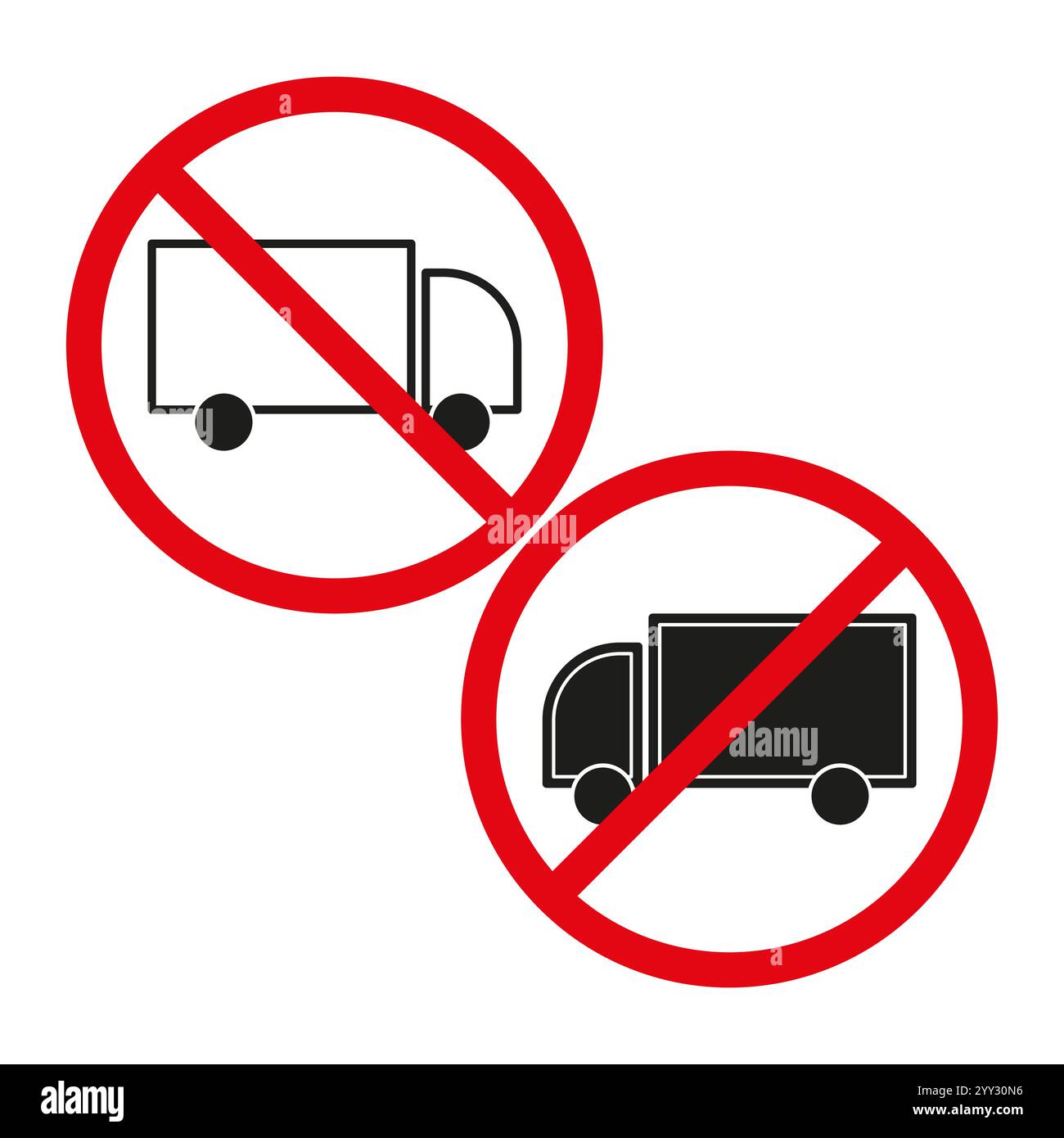 Pas de panneau de camion. Symbole de cercle rouge. Icône d'interdiction de véhicule. Design noir et blanc. Illustration de Vecteur