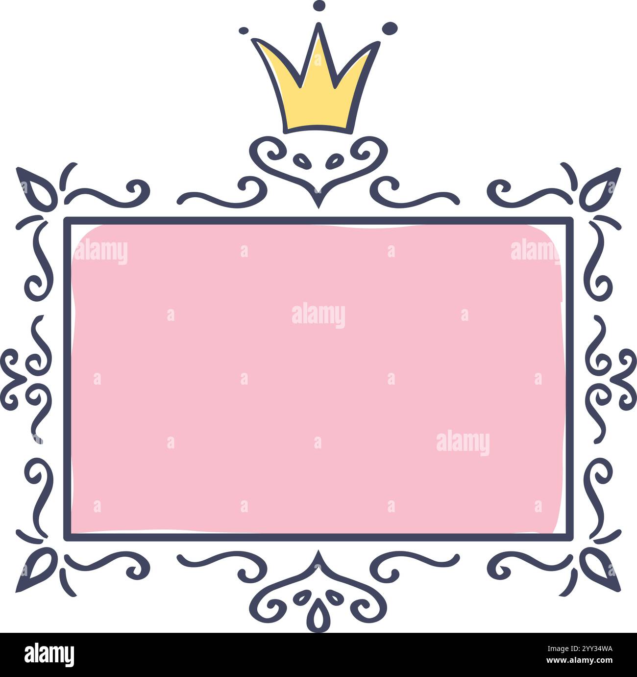 Cadre rectangulaire rose dessiné à la main avec une couronne dorée et des décorations élégantes, parfait pour ajouter une touche de royauté et de sophistication à n'importe quel Illustration de Vecteur