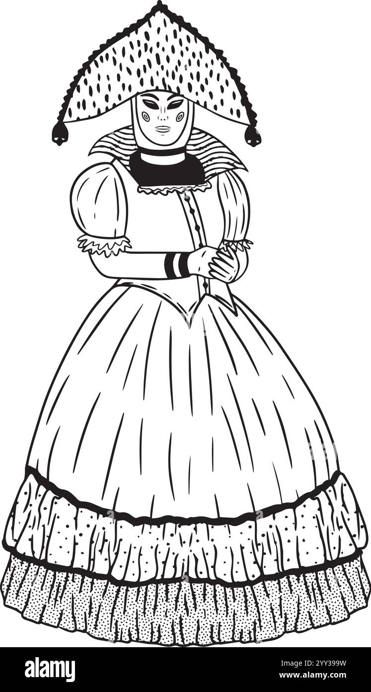 Une illustration merveilleusement détaillée et complexe mettant en vedette une femme ornée de vêtements historiques traditionnels. Graphiques en noir et blanc dessinés à la main pour la conception de sites Web, articles, livret, étiquette ou publicité. Illustration de Vecteur