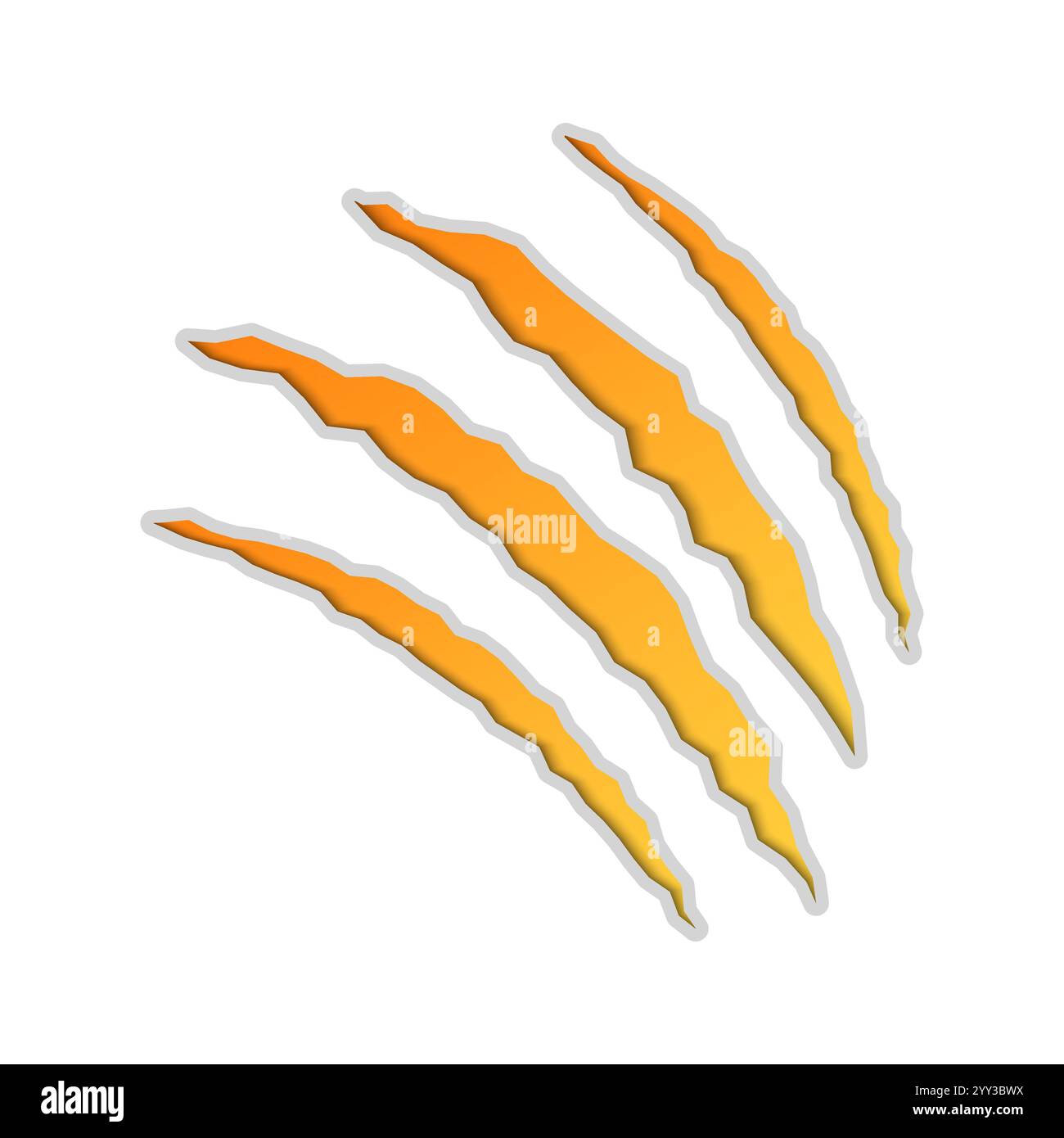Icône de grattage de chat. Rayures jaunes de griffes d'animaux isolées sur fond blanc. Marques de rayures plates de dragon ou de dinosaure. Fissures dues à des rayures de Illustration de Vecteur