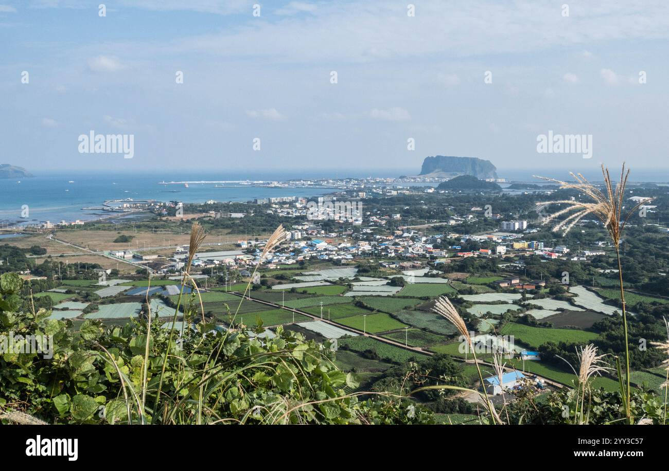 Vue de Seongsan Ilchulbong depuis Jimibong Peak, Jongdal, Jeju, Corée du Sud Banque D'Images