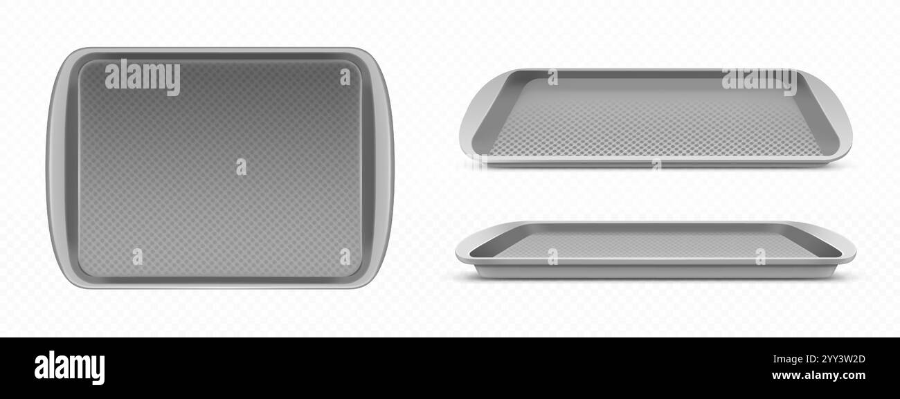 Maquettes de plateau alimentaire en plastique isolées sur fond transparent. Illustration réaliste vectorielle de conteneur gris plat pour servir des repas à la cantine scolaire, cafétéria, café libre-service, vue latérale supérieure Illustration de Vecteur