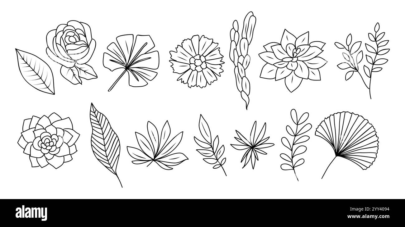 Ensemble de minuscules fleurs et plantes alignent l'art Illustration de Vecteur