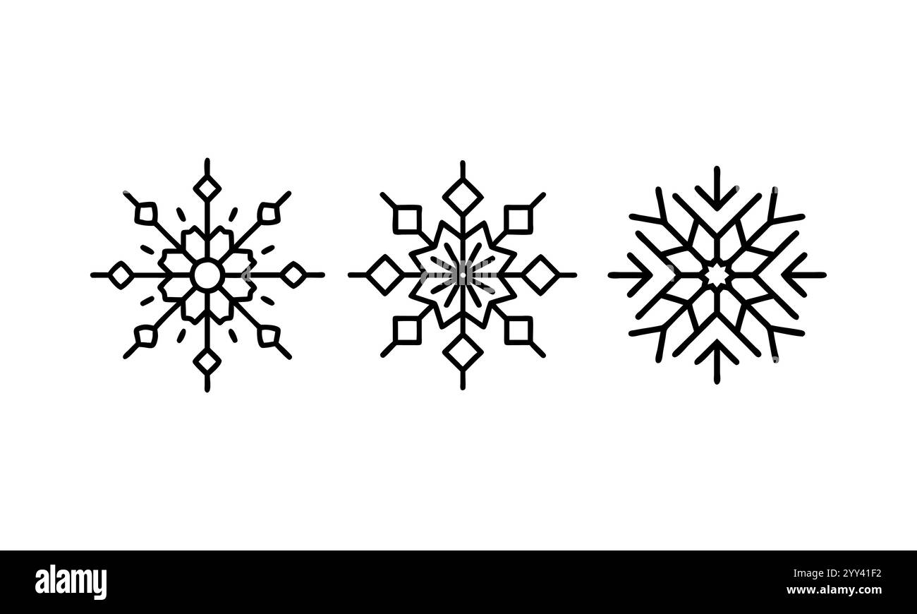 Trois flocons de neige stylisés dans un design simple et minimaliste. Icônes simples de ligne noire de flocon de neige. Ensemble flocon de neige. Icônes de flocon de neige. Vecteur neige. Illustration de Vecteur