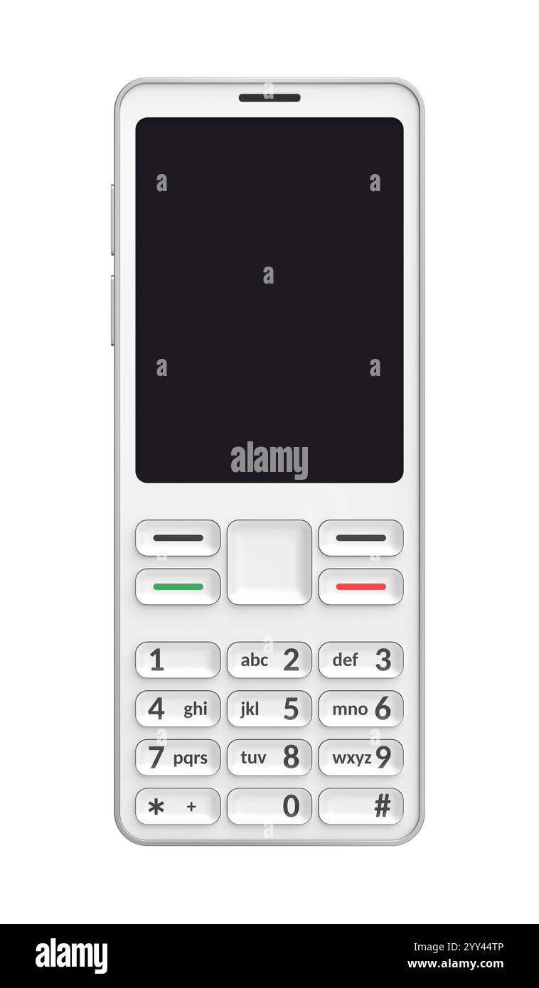 Vue avant du téléphone portable blanc isolé sur fond blanc Banque D'Images