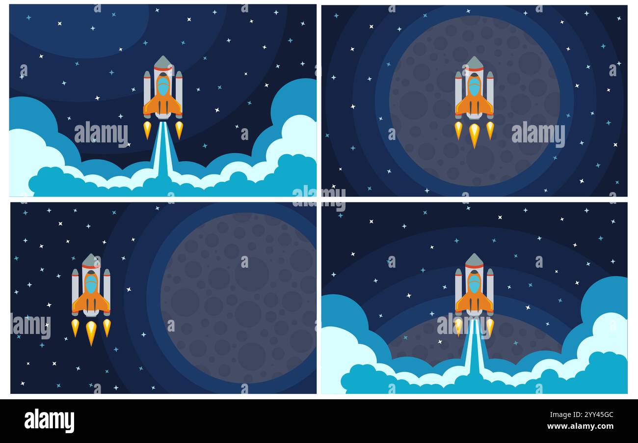 Ensemble de quatre illustrations vectorielles avec fusée volante. Voyage spatial. Illustration de Vecteur