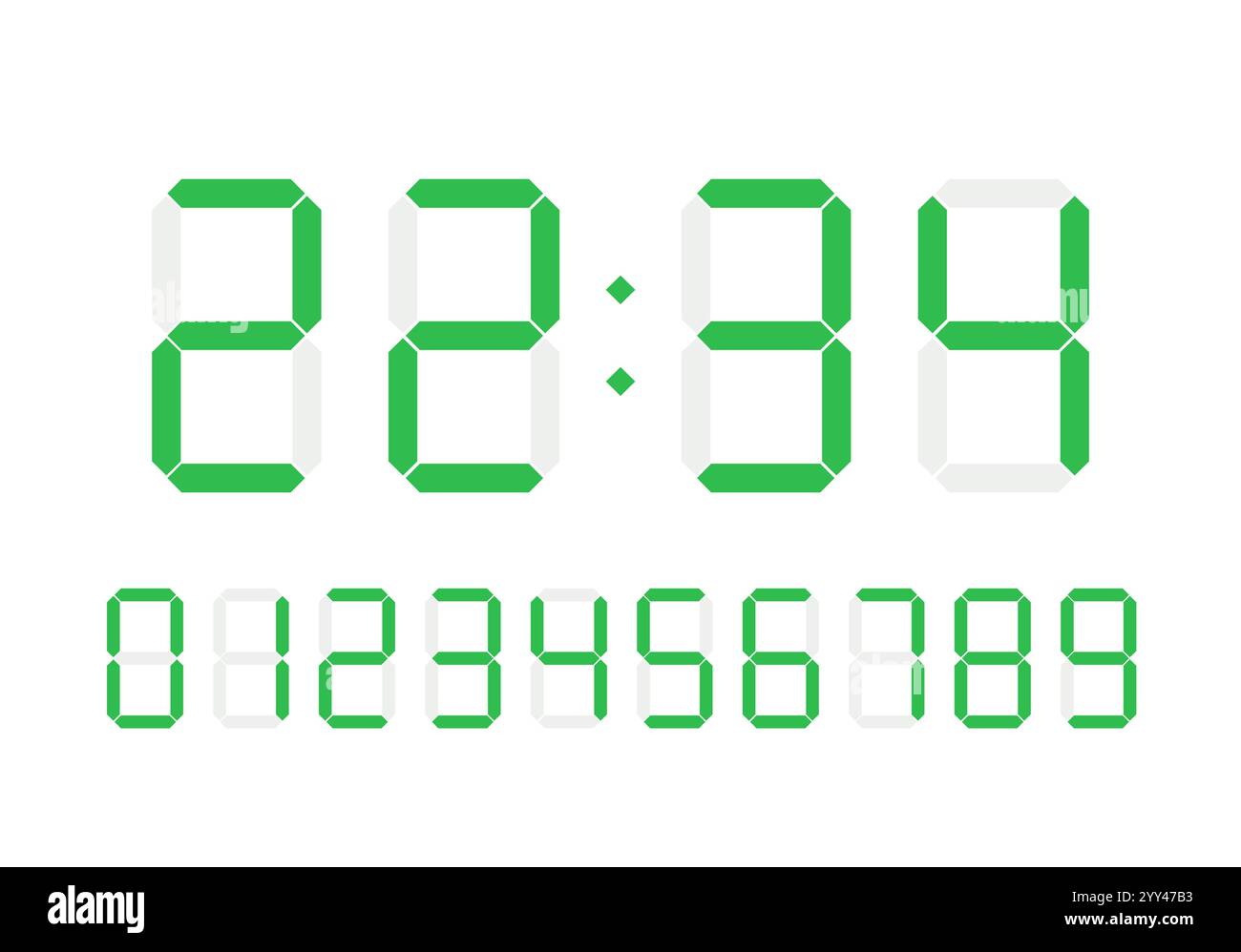 Numéros d'horloge numériques. Symboles de calculatrice rétro verts, caractères de moniteur LCD et chiffres du tableau de bord Illustration de Vecteur