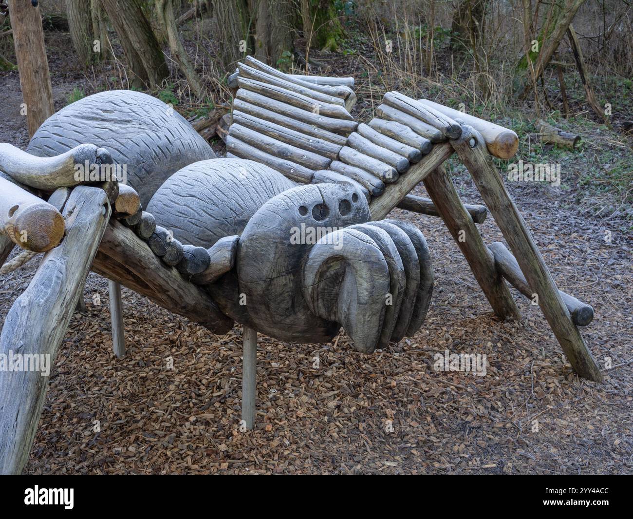Grande araignée en bois, couverte de gel, dans l'aire de jeux de la réserve naturelle de Rushden Lakes, Northamptonshire, Royaume-Uni Banque D'Images