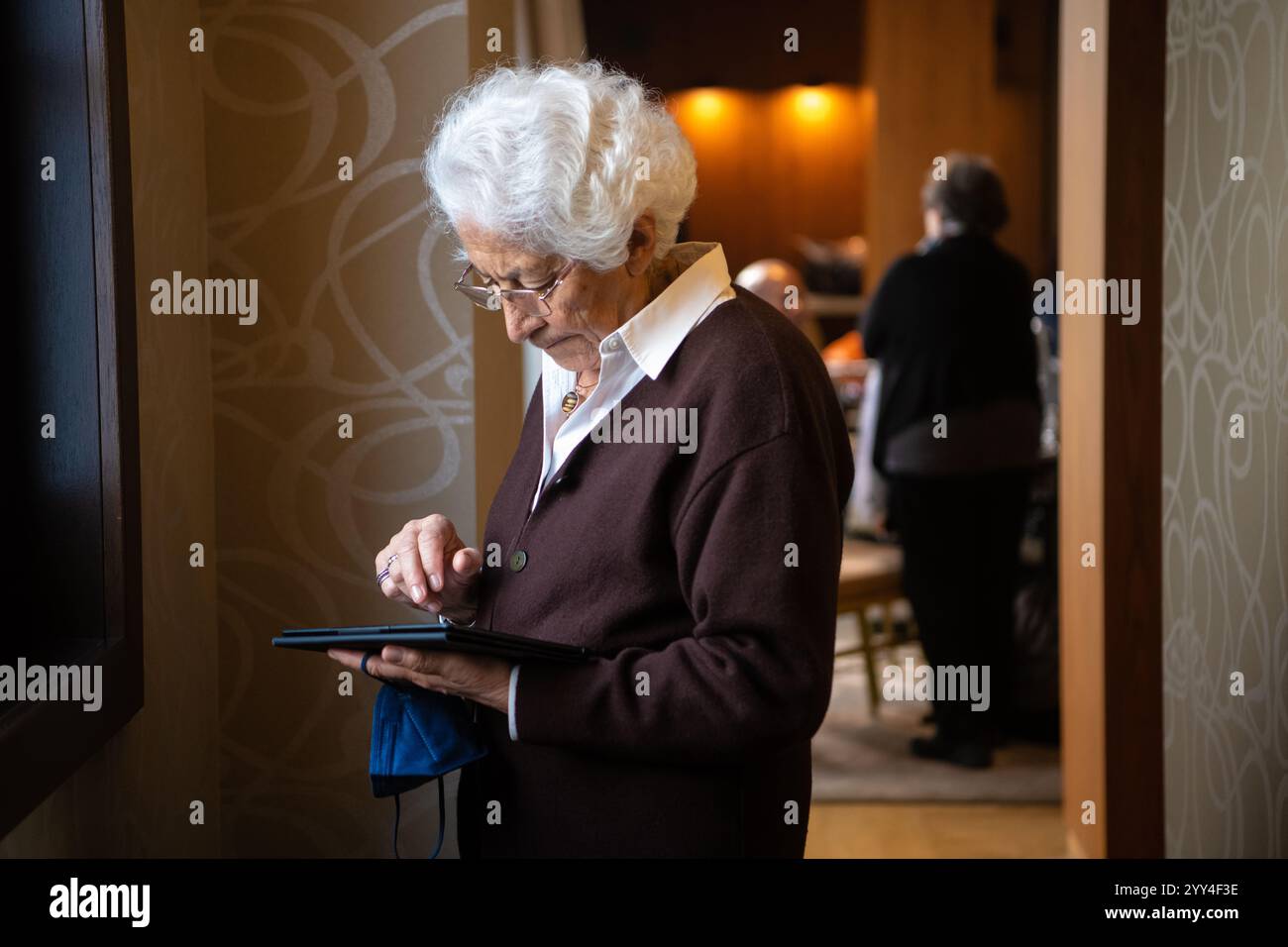 Portrait d'une femme âgée à l'aide d'une tablette dans le salon, naviguant sur Internet sans fil sur tablette. Femme senior moderne heureuse utilisant le dispositif PAD Banque D'Images